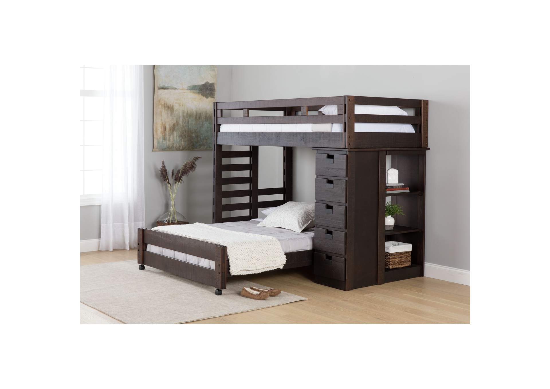 Vista Brown Twin Over Full Basic Loft Bed With Bookcase,Elements