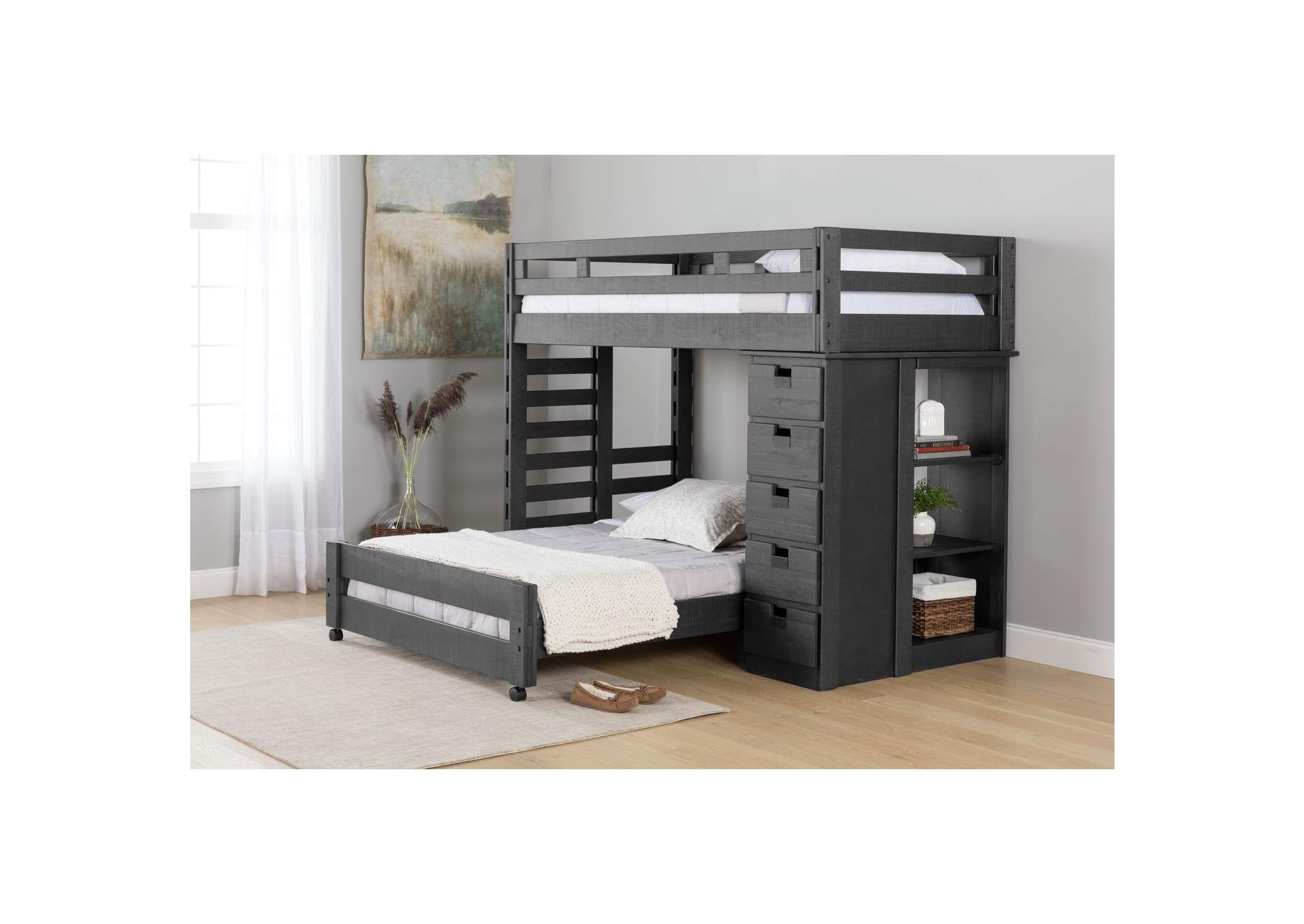 Vista Grey Twin Over Full Basic Loft Bed With Bookcase,Elements