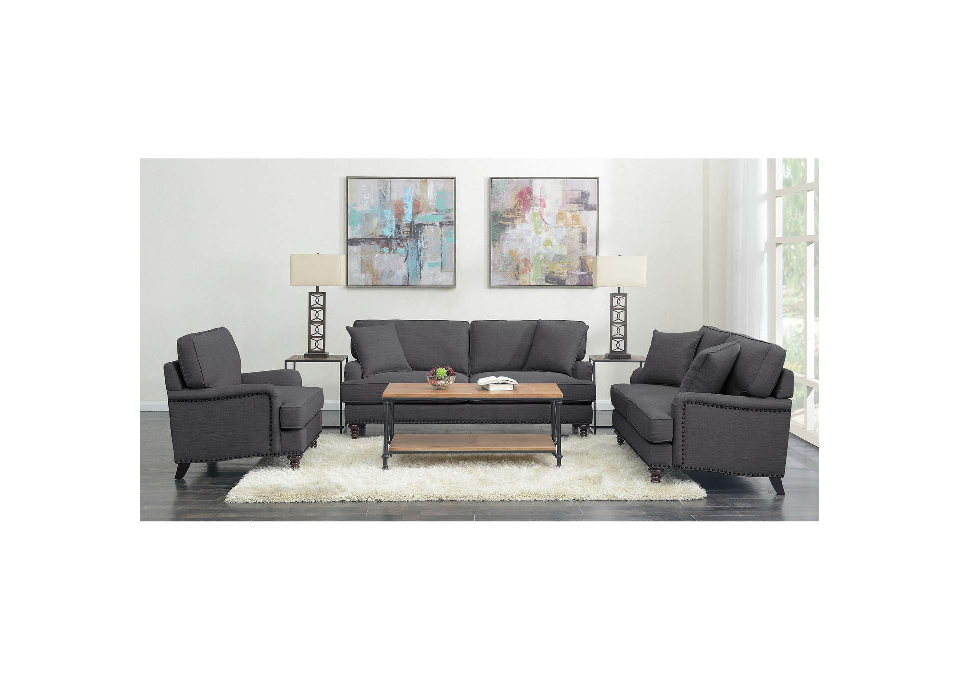 Abby 3 Piece Set - Sofa Loveseat Chair In Charcoal,Elements