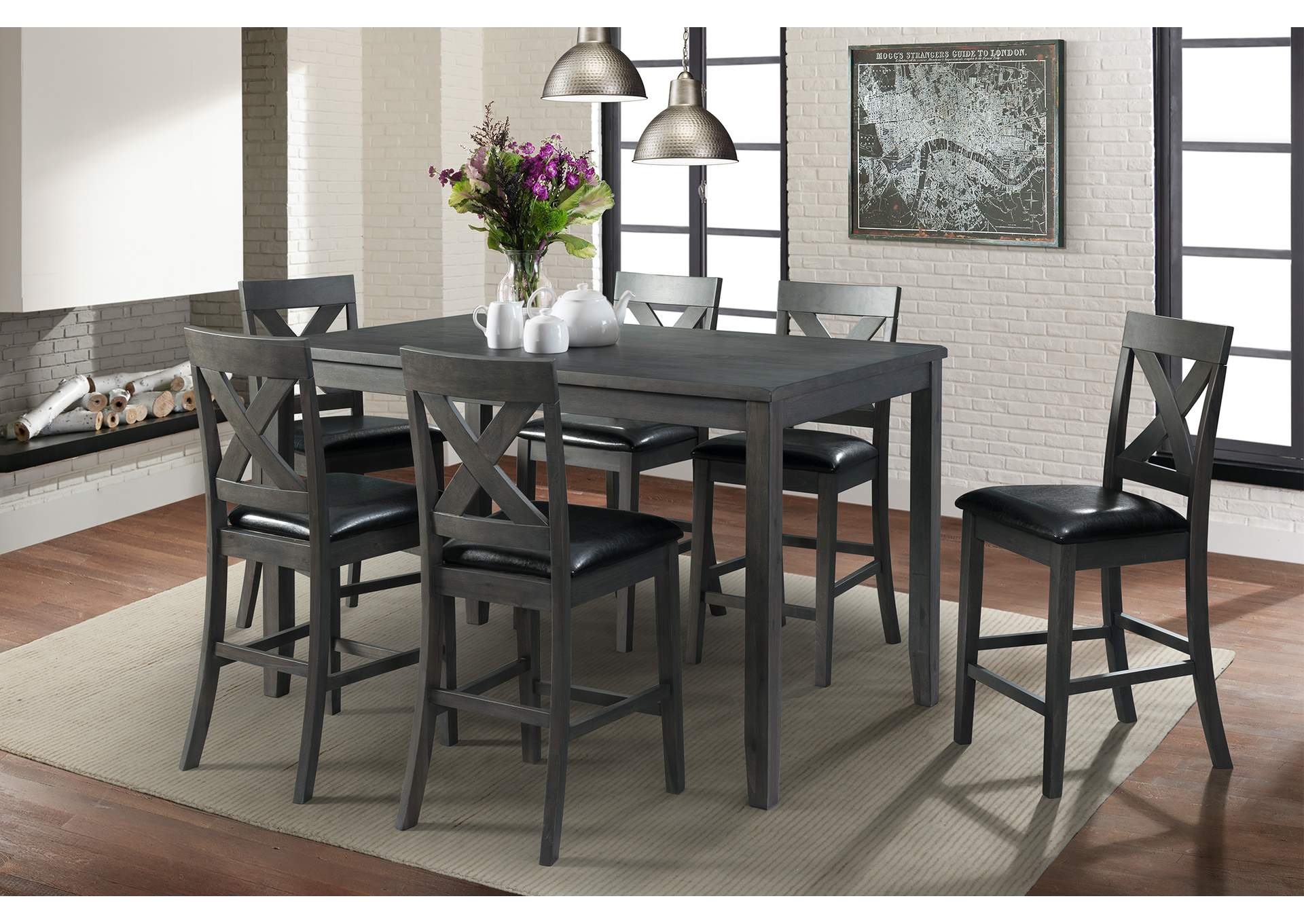 Alex Grey 60 7 Pc Counter Set Grey Table With Black Pu Seat,Elements