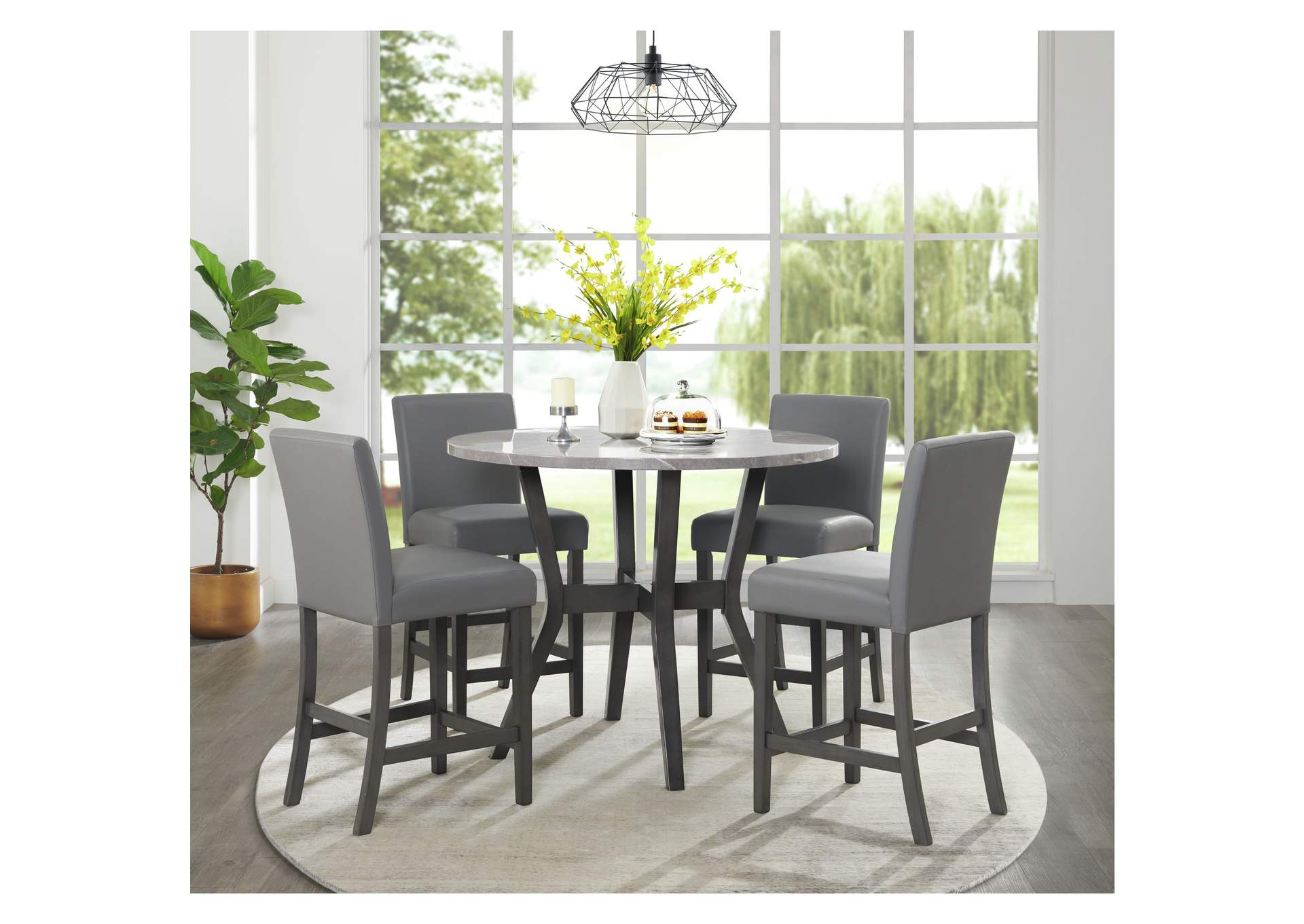 Ambridge 5 Piece Round Counter Set With Faux Marble Top In Brushed Grey,Elements
