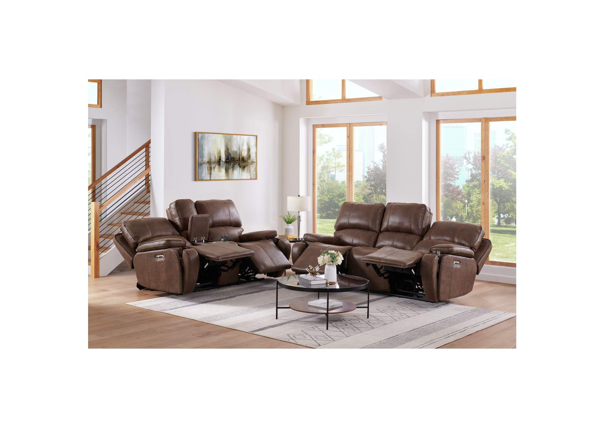 Atlantis Power Motion Loveseat With Console In Heritage Brown,Elements