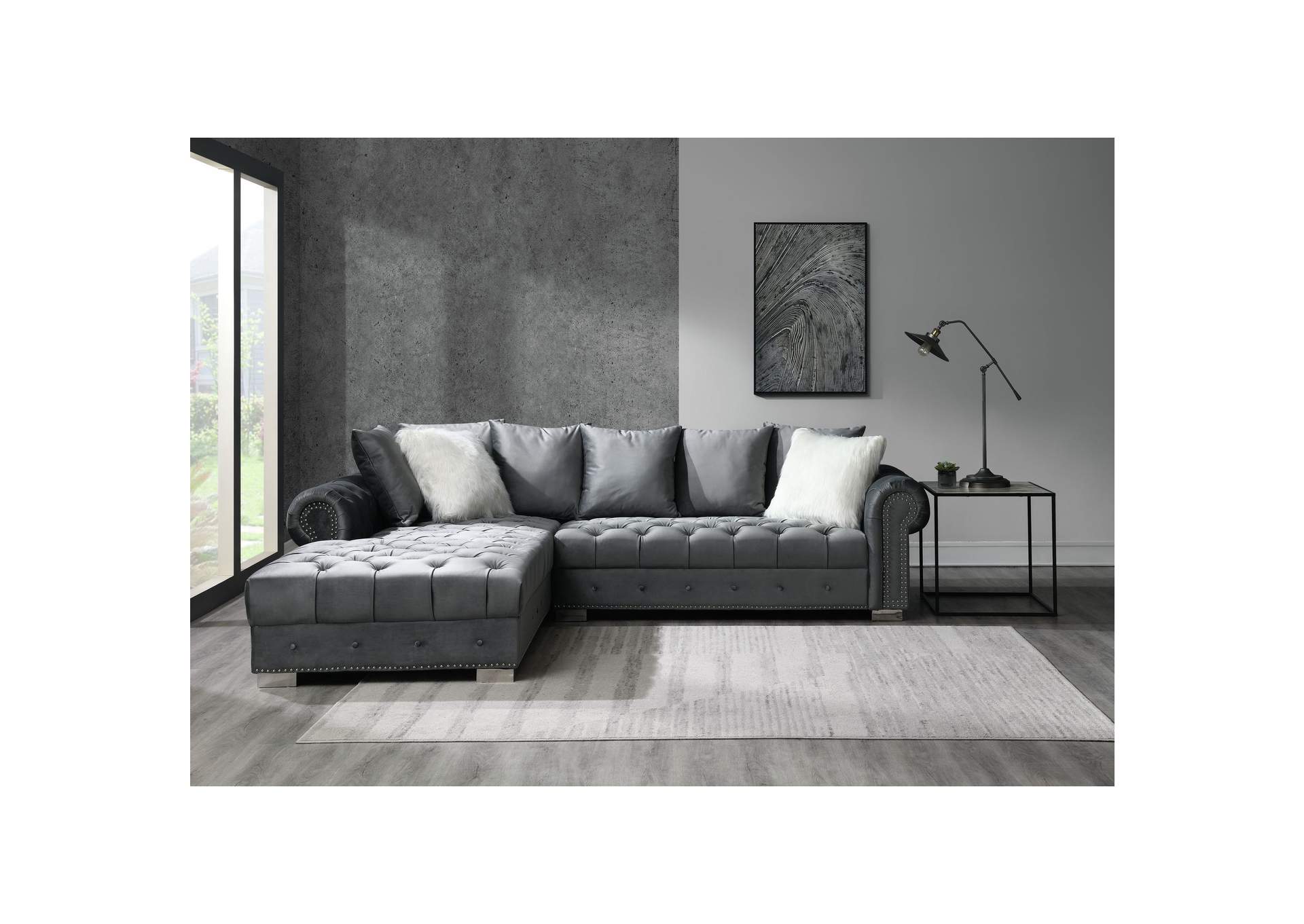 Audrey Sectional Right Hand Facing Loveseat In Royale Metal With 1 Pillow In White Fur And 3 Pillows In Body Cover,Elements