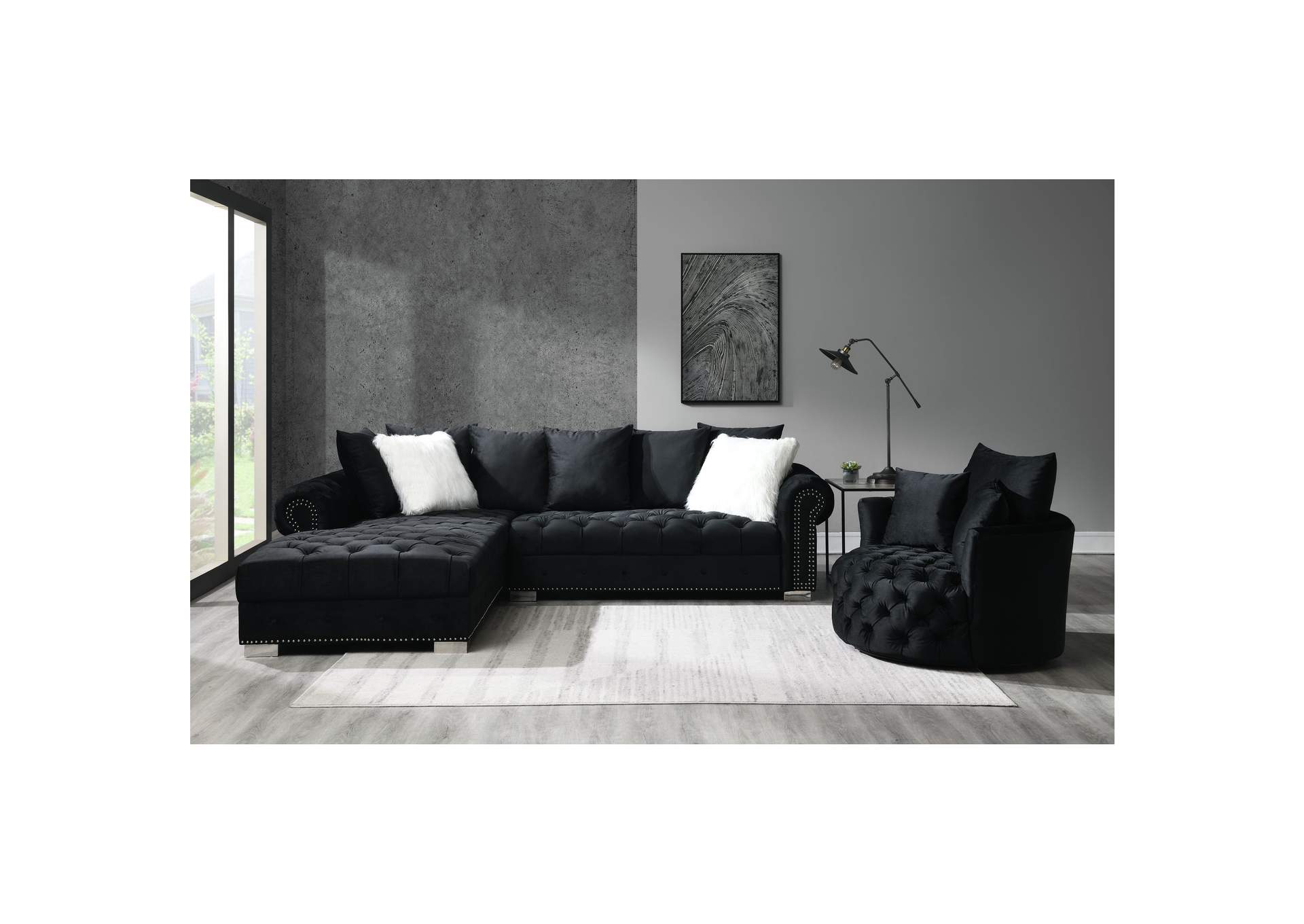 Audrey Sectional Right Hand Facing Loveseat In Royale Onyx With 1 Pillow In White Fur And 3 Pillows In Body Cover,Elements
