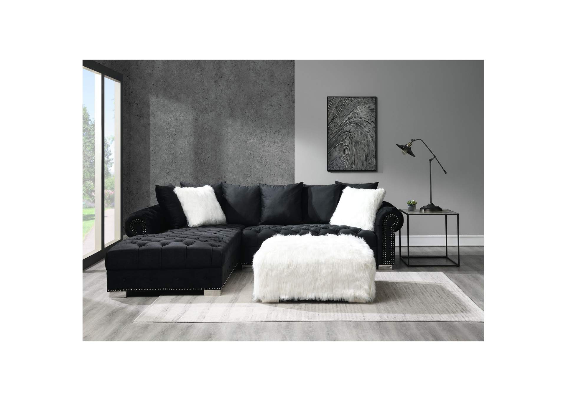 Audrey Sectional Left Hand Facing Chaise In Royale Onyx With 1 Pillow In White Fur And 3 Pillows In Body Cover,Elements