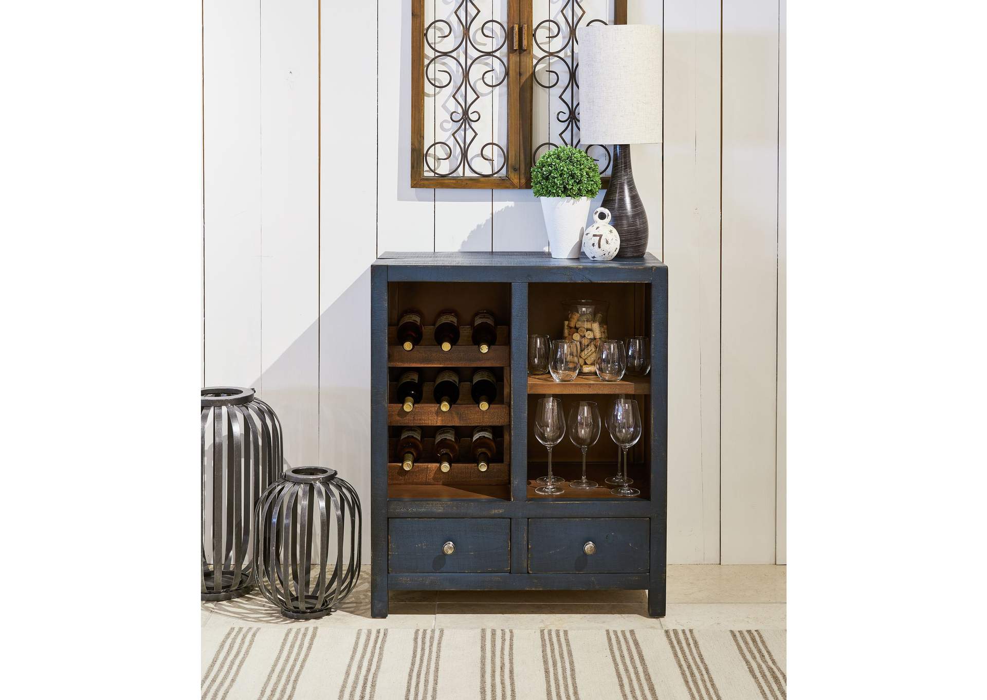 August Wine Cabinet Blue - Brown Finish,Elements