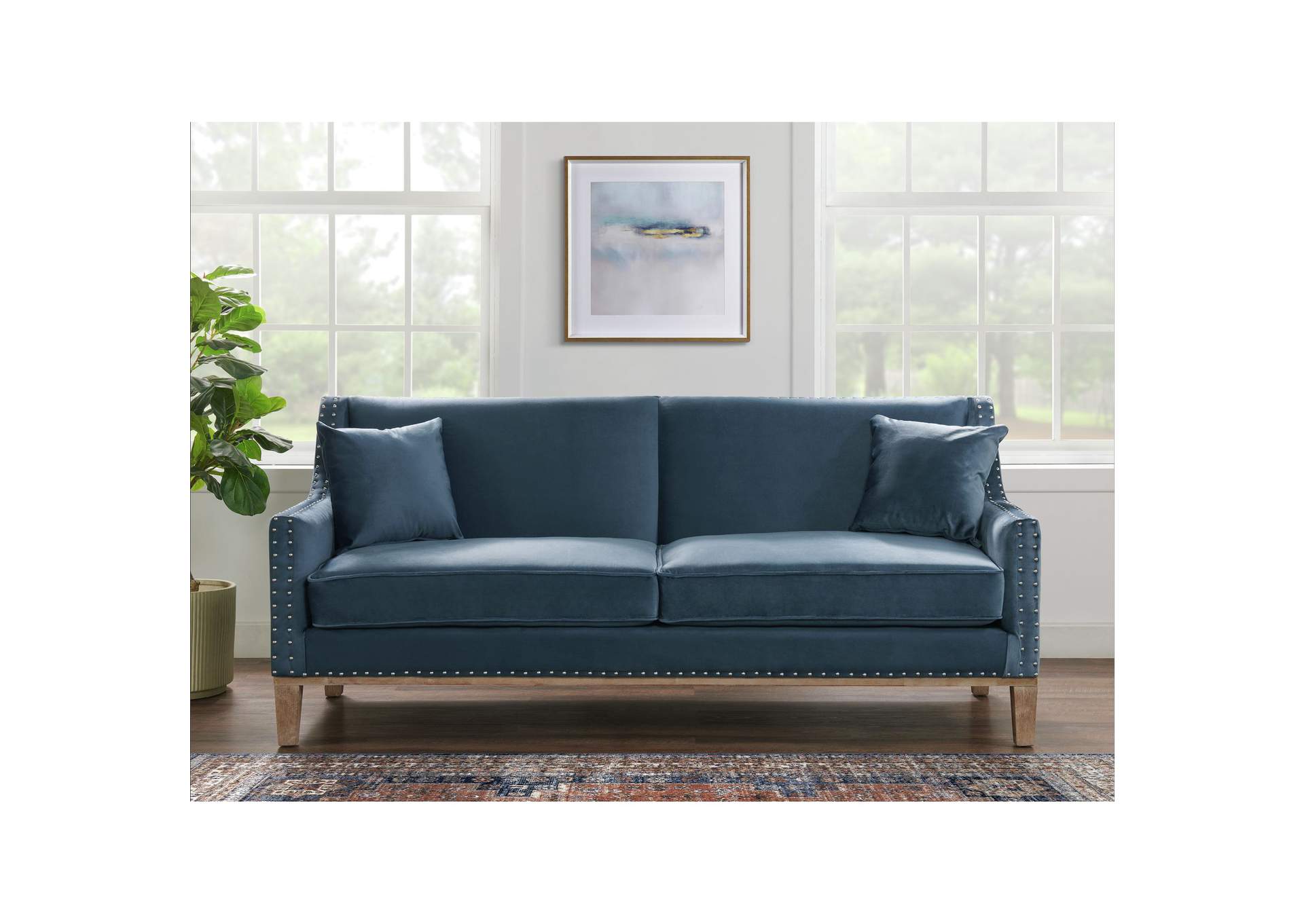 Augusta Sofa With Distressed Wood Ottoman Navy,Elements