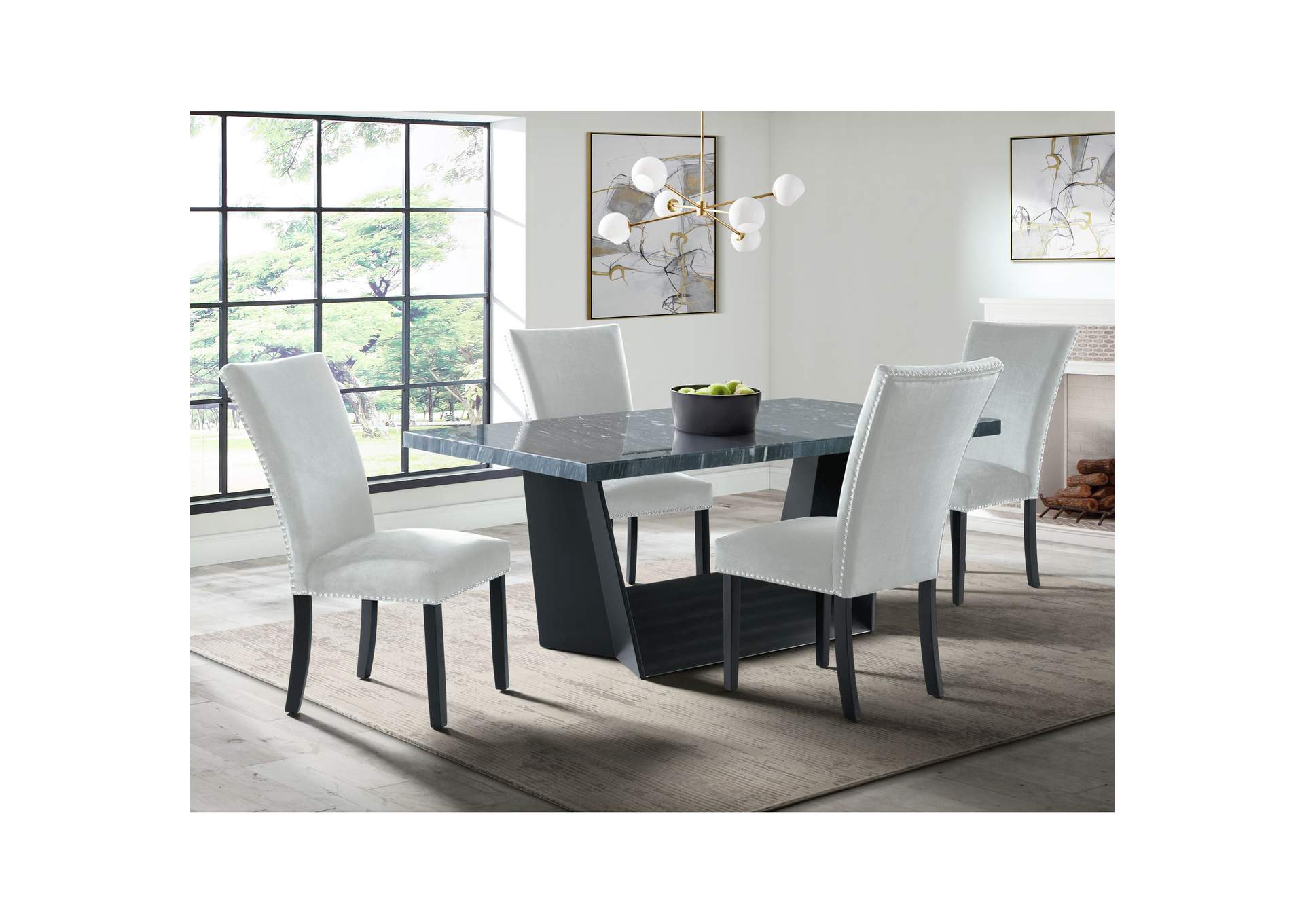 Beckley 5 Piece Dining Set In Dark - Table Four Grey Velvet Chairs,Elements