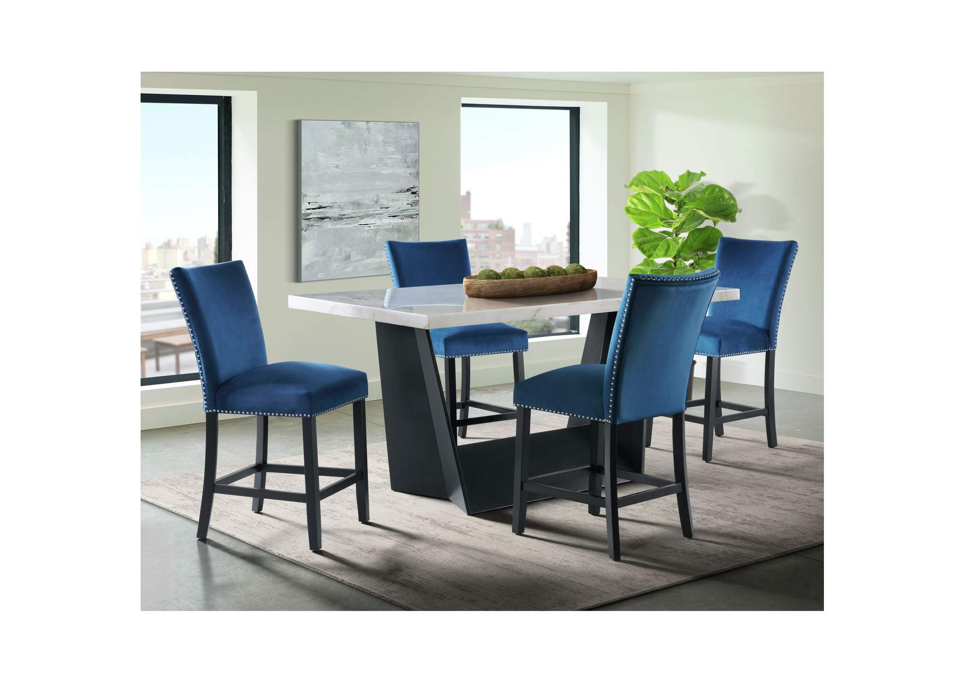 Beckley 5 Piece Counter Height Dining Set In White - Table Four Blue Counter Velvet Chairs,Elements