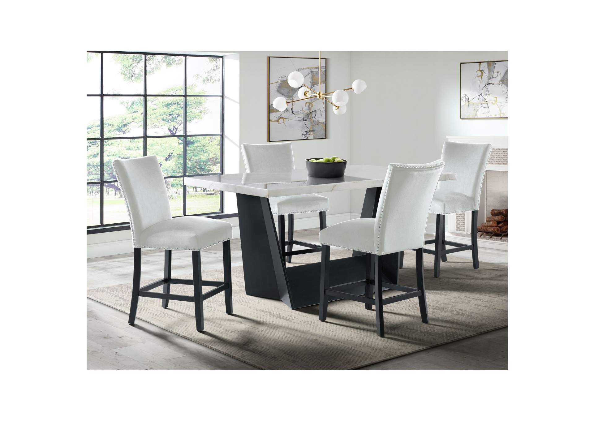 Beckley 5 Piece Counter Height Dining Set In White - Table Four Grey Counter Velvet Chairs,Elements