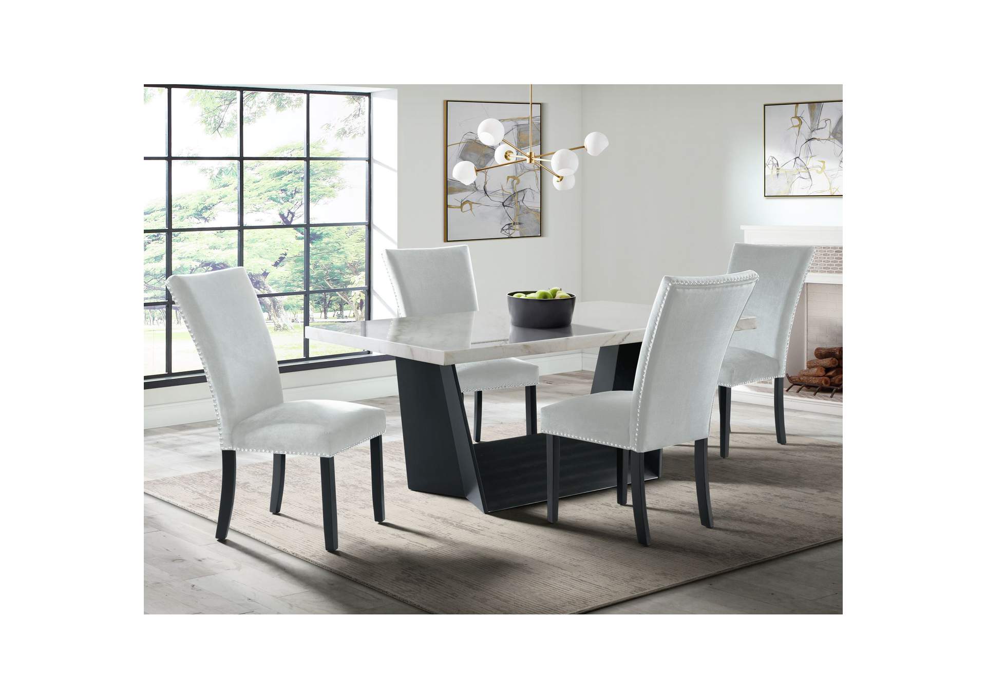 Beckley 5 Piece Dining Set In White - Table Four Grey Velvet Chairs,Elements