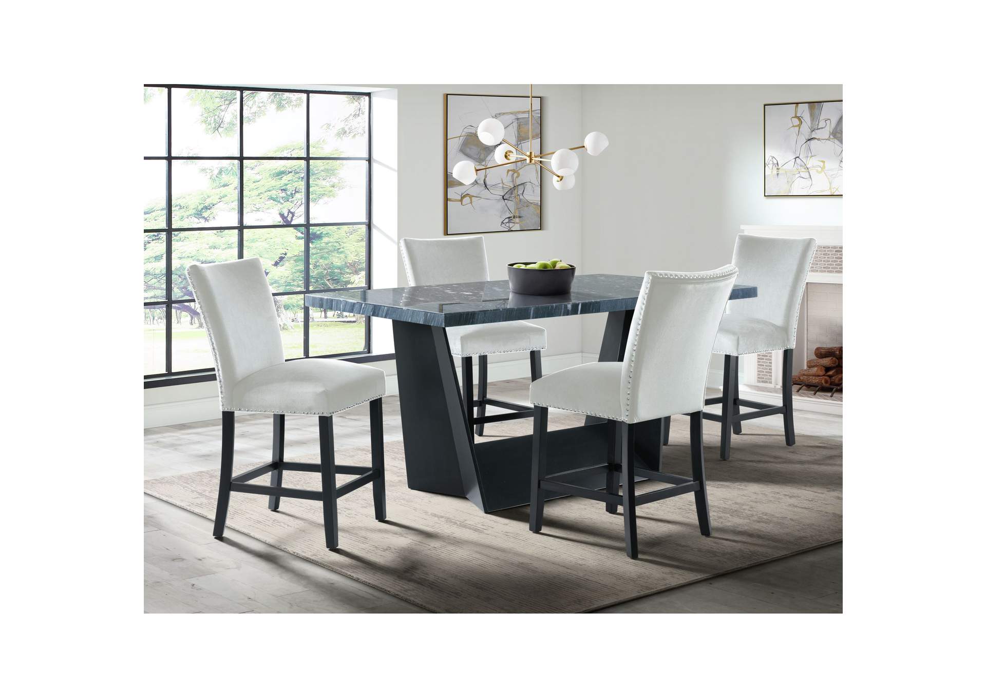 Beckley 5 Piece Counter Height Dining Set In Dark - Table Four Grey Counter Velvet Chairs,Elements