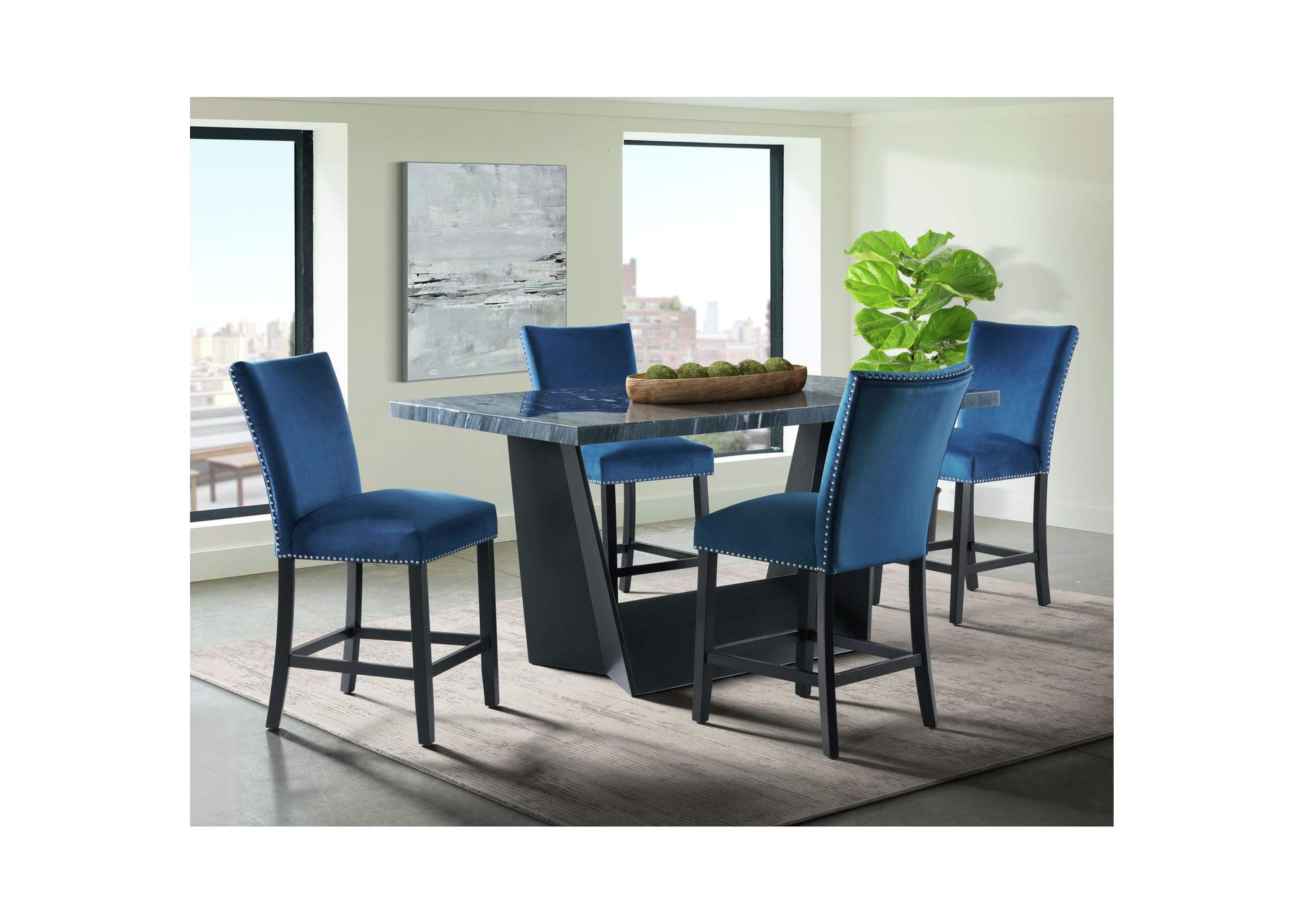 Beckley 5 Piece Counter Height Dining Set In Dark - Table Four Blue Counter Velvet Chairs,Elements