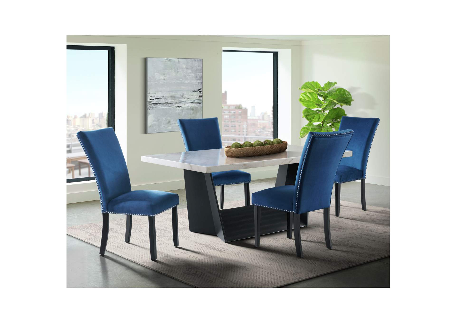 Beckley 5 Piece Dining Set In White - Table Four Blue Velvet Chairs,Elements