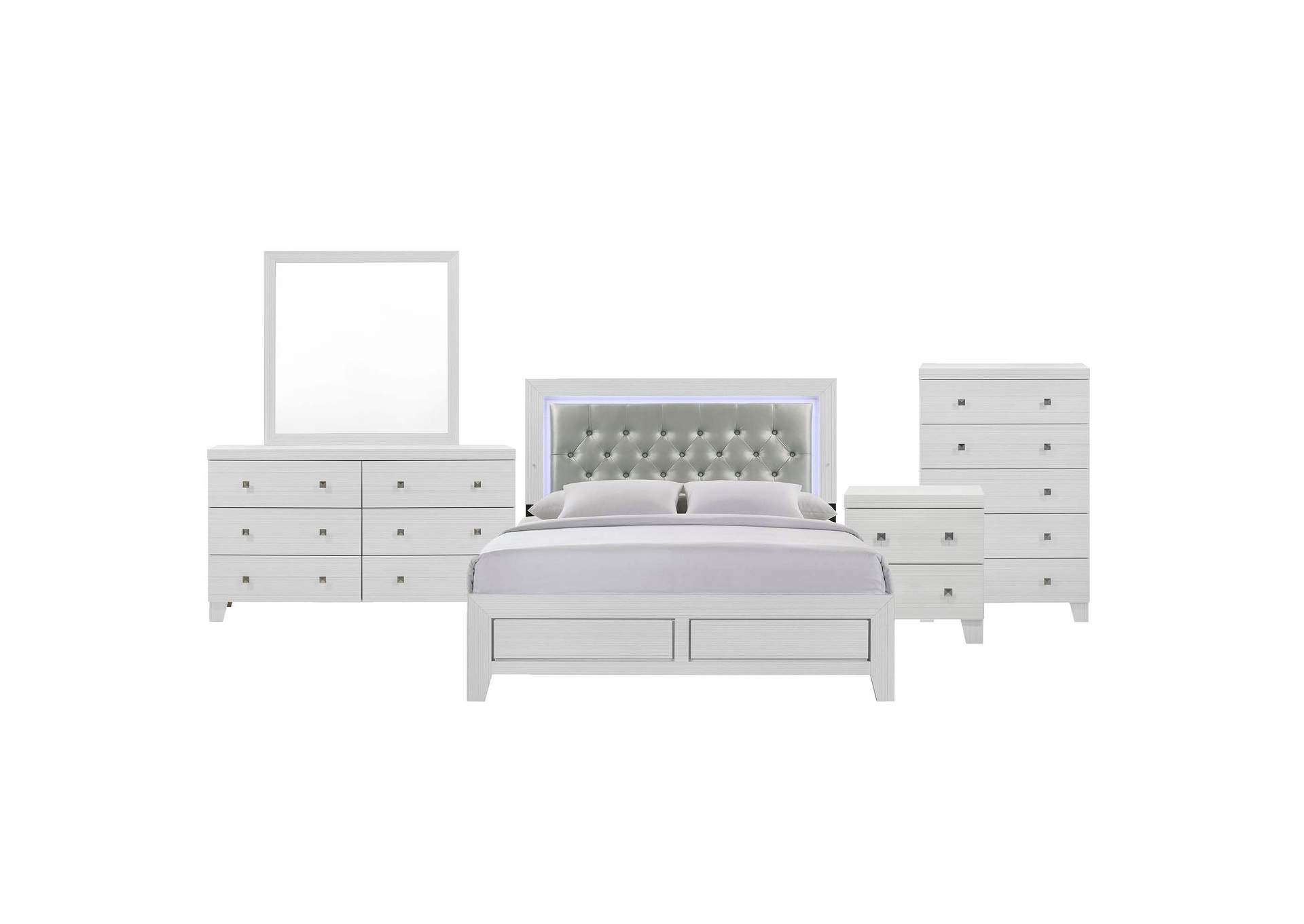 Belinda Queen Panel 5 Piece Bedroom Set In White,Elements
