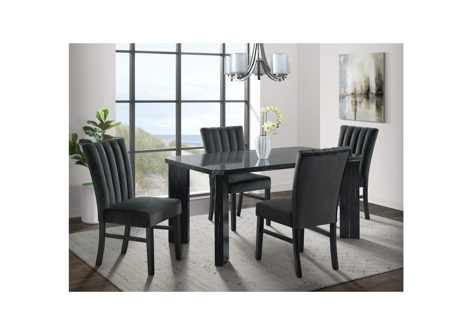 Bellini 5 Piece Dining Set In Grey - Rectangle Table Four Black Velvet Chairs,Elements