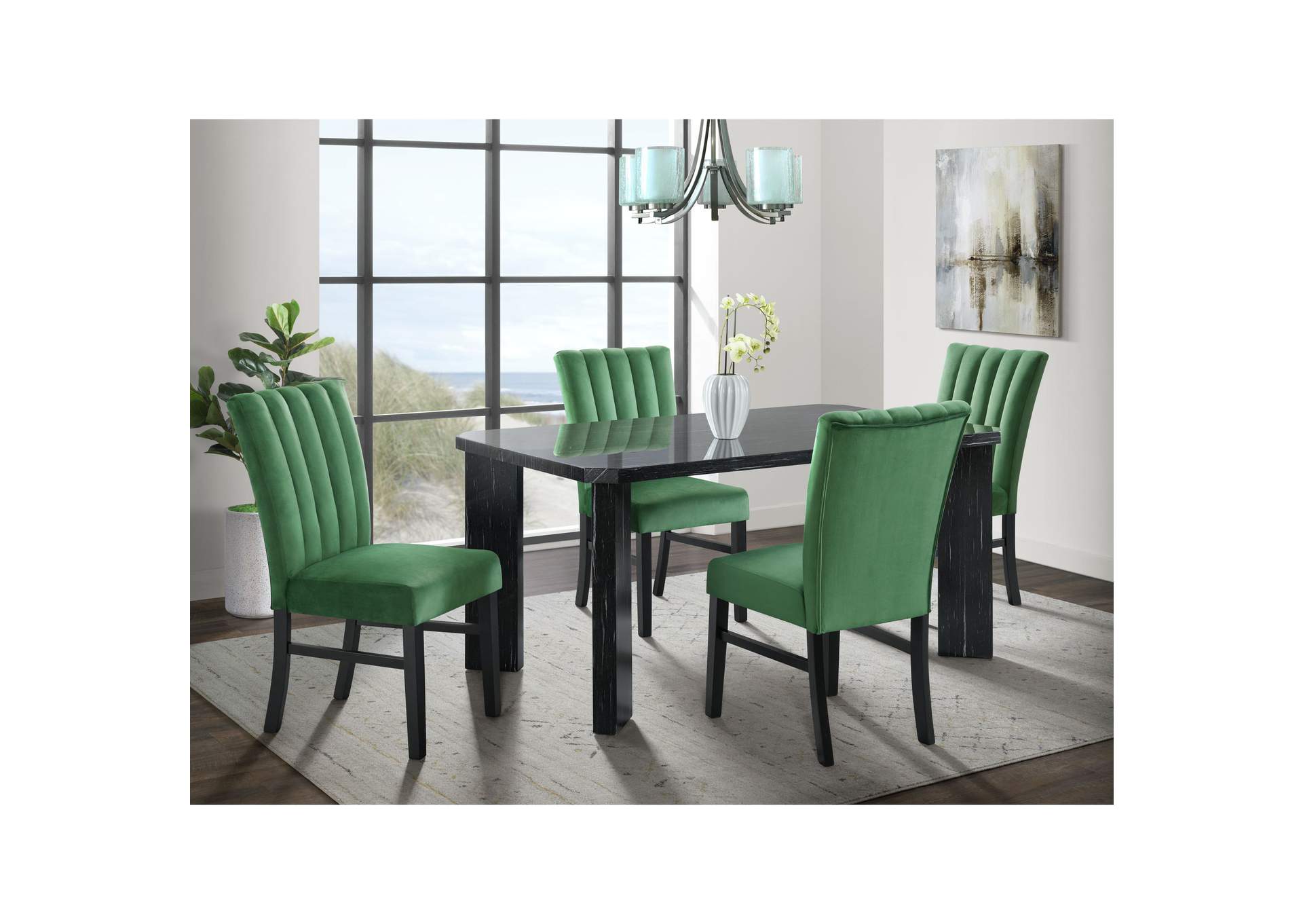 Bellini 5 Piece Dining Set In Grey - Rectangle Table Four Emerald Velvet Chairs,Elements