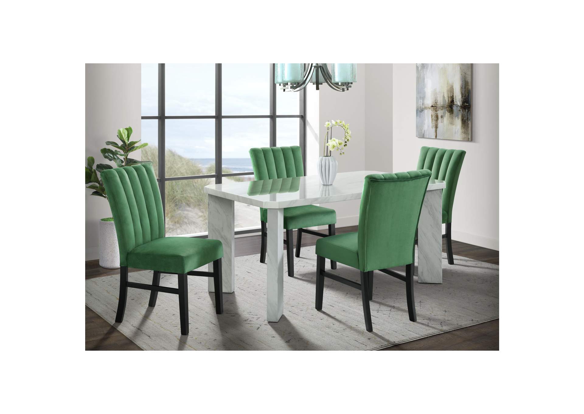 Bellini 5 Piece Dining Set In White - Rectangle Table Four Emerald Velvet Chairs,Elements