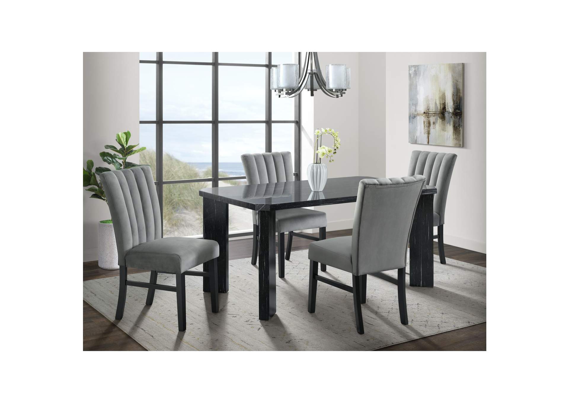 Bellini 5 Piece Dining Set In Grey - Rectangle Table Four Grey Velvet Chairs,Elements