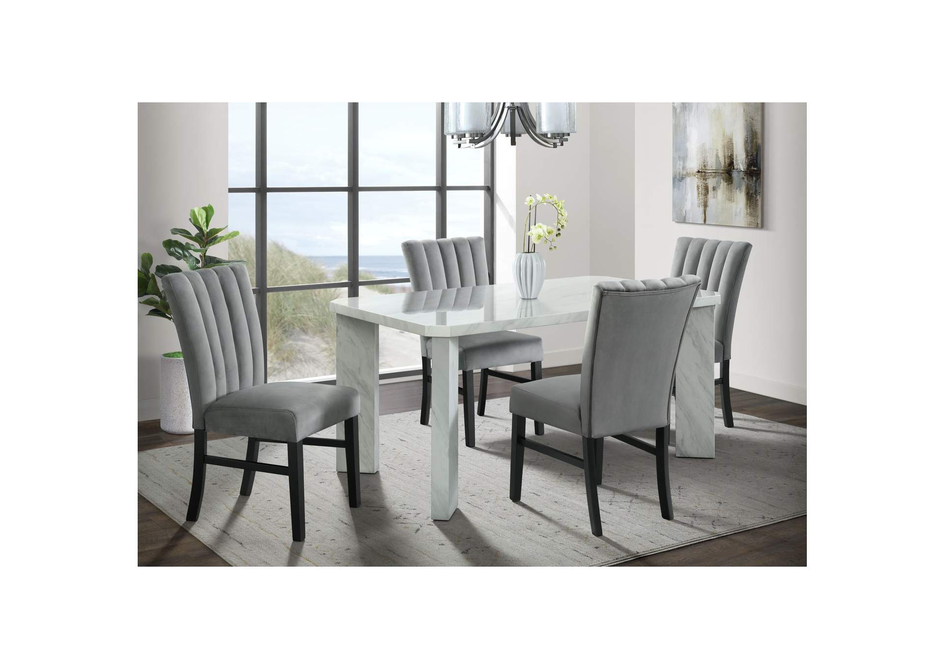 Bellini 5 Piece Dining Set In White - Rectangle Table Four Grey Velvet Chairs,Elements