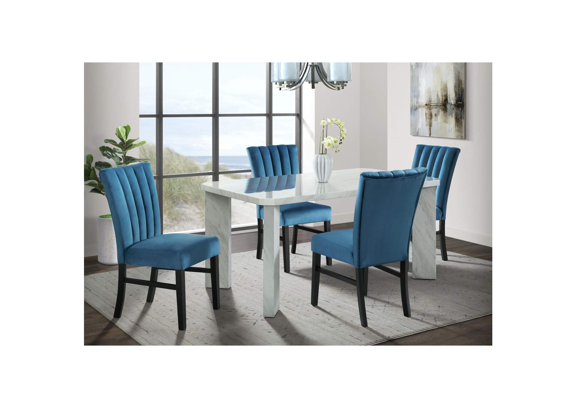 Bellini 5 Piece Dining Set In White - Rectangle Table Four Navy Blue Velvet Chairs,Elements