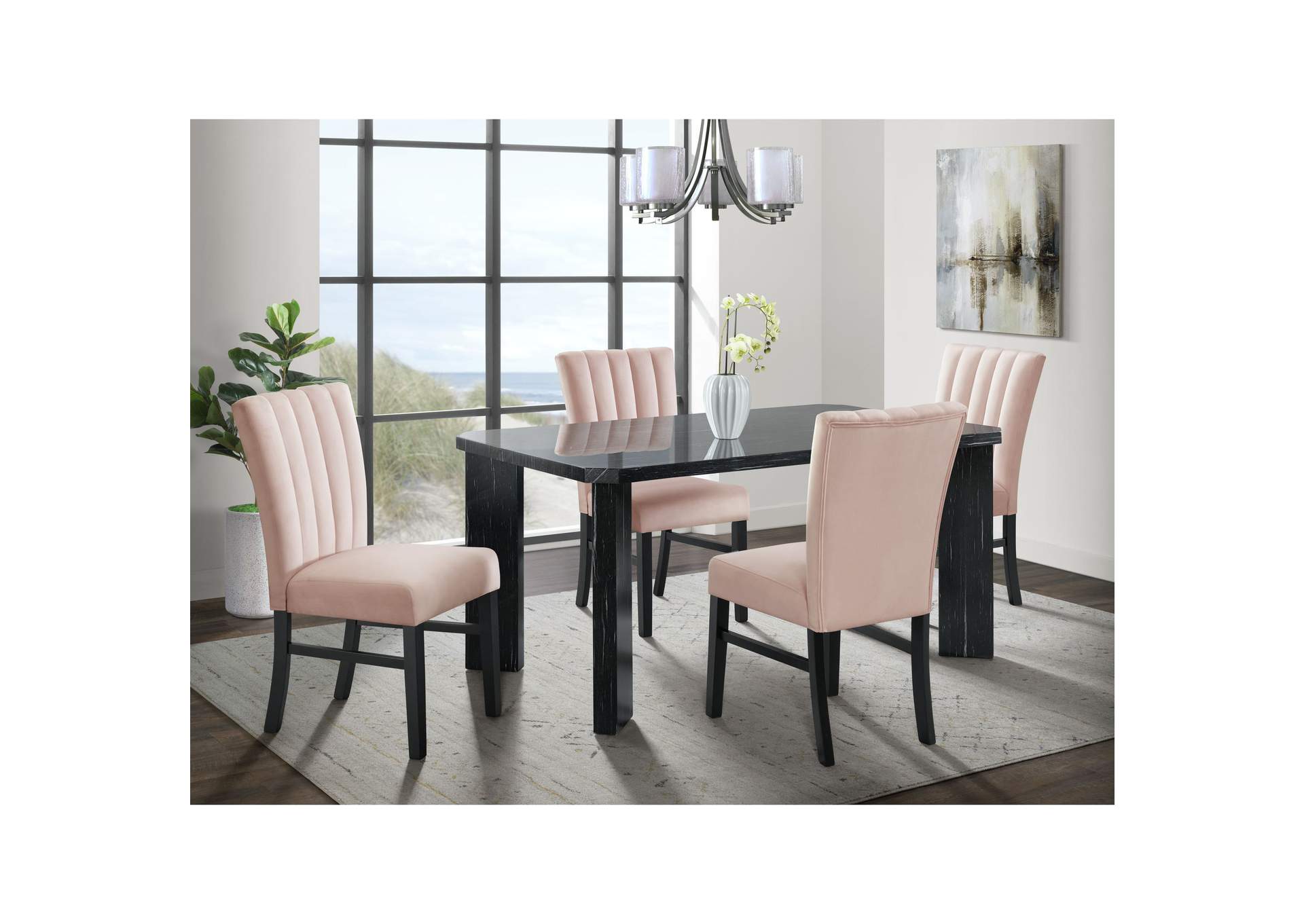 Bellini 5 Piece Dining Set In Grey - Rectangle Table Four Pink Velvet Chairs,Elements