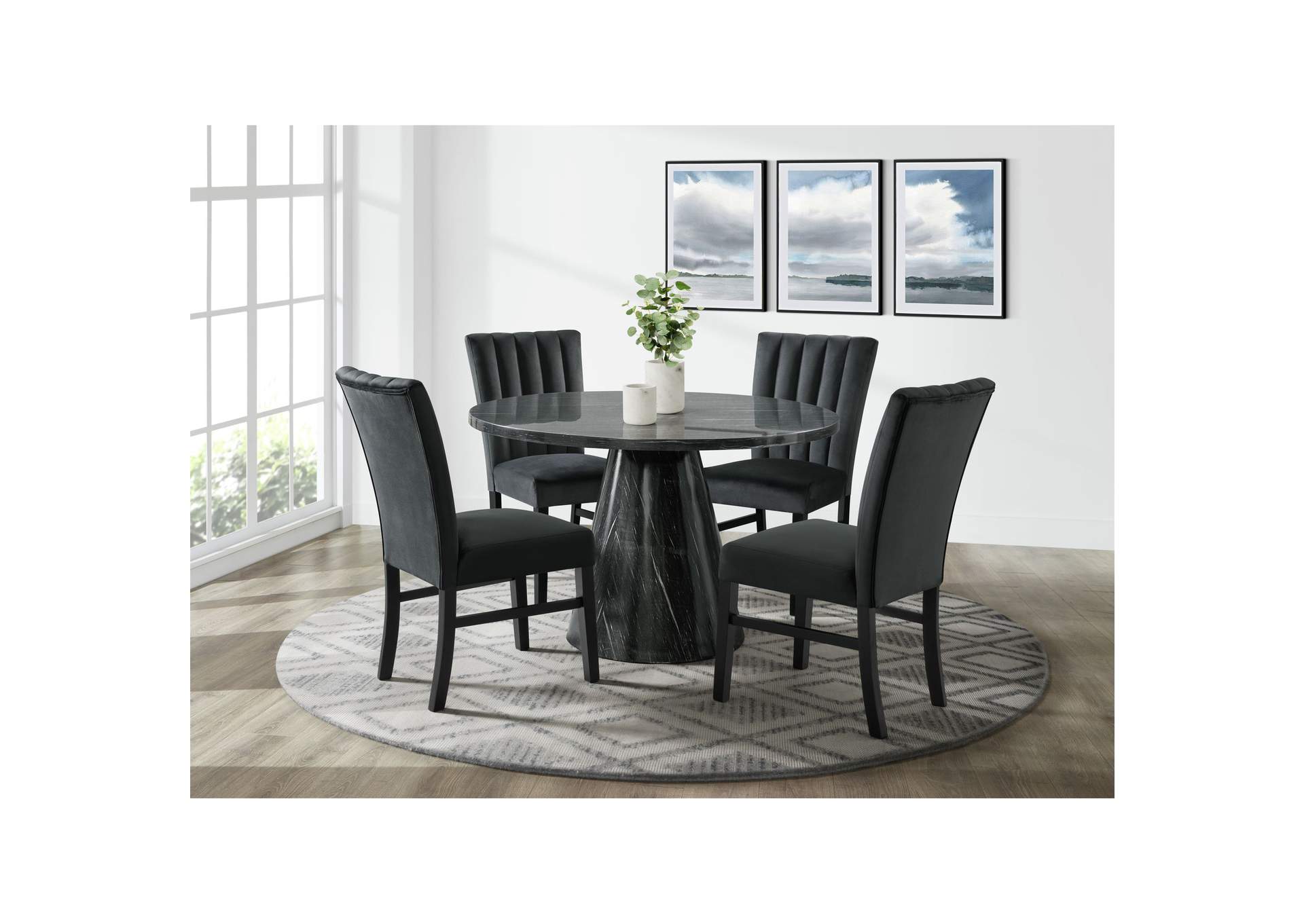Bellini 5 Piece Dining Set In Grey - Round Table Four Black Velvet Chairs,Elements