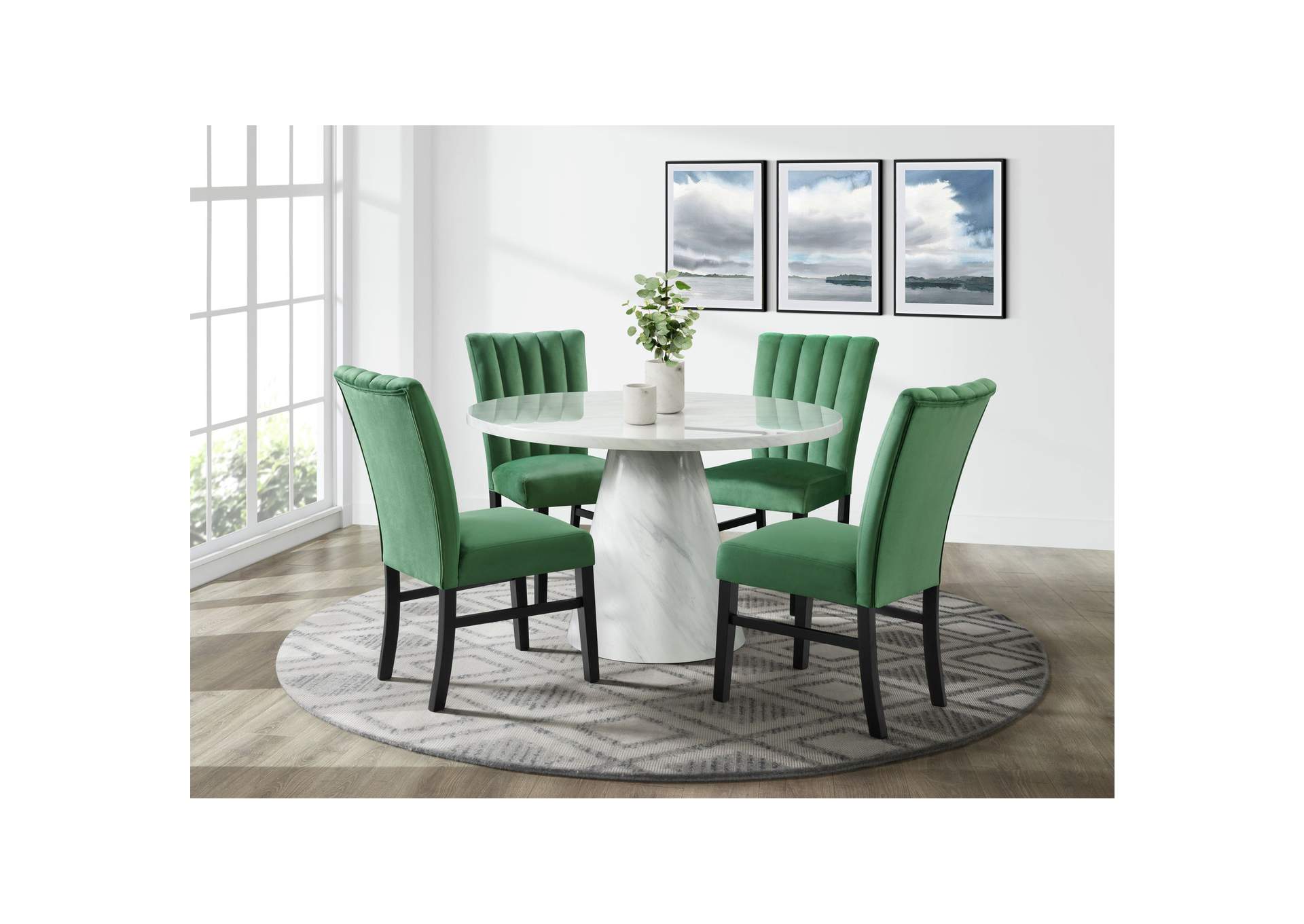 Bellini 5 Piece Dining Set In White - Round Table Four Emerald Velvet Chairs,Elements