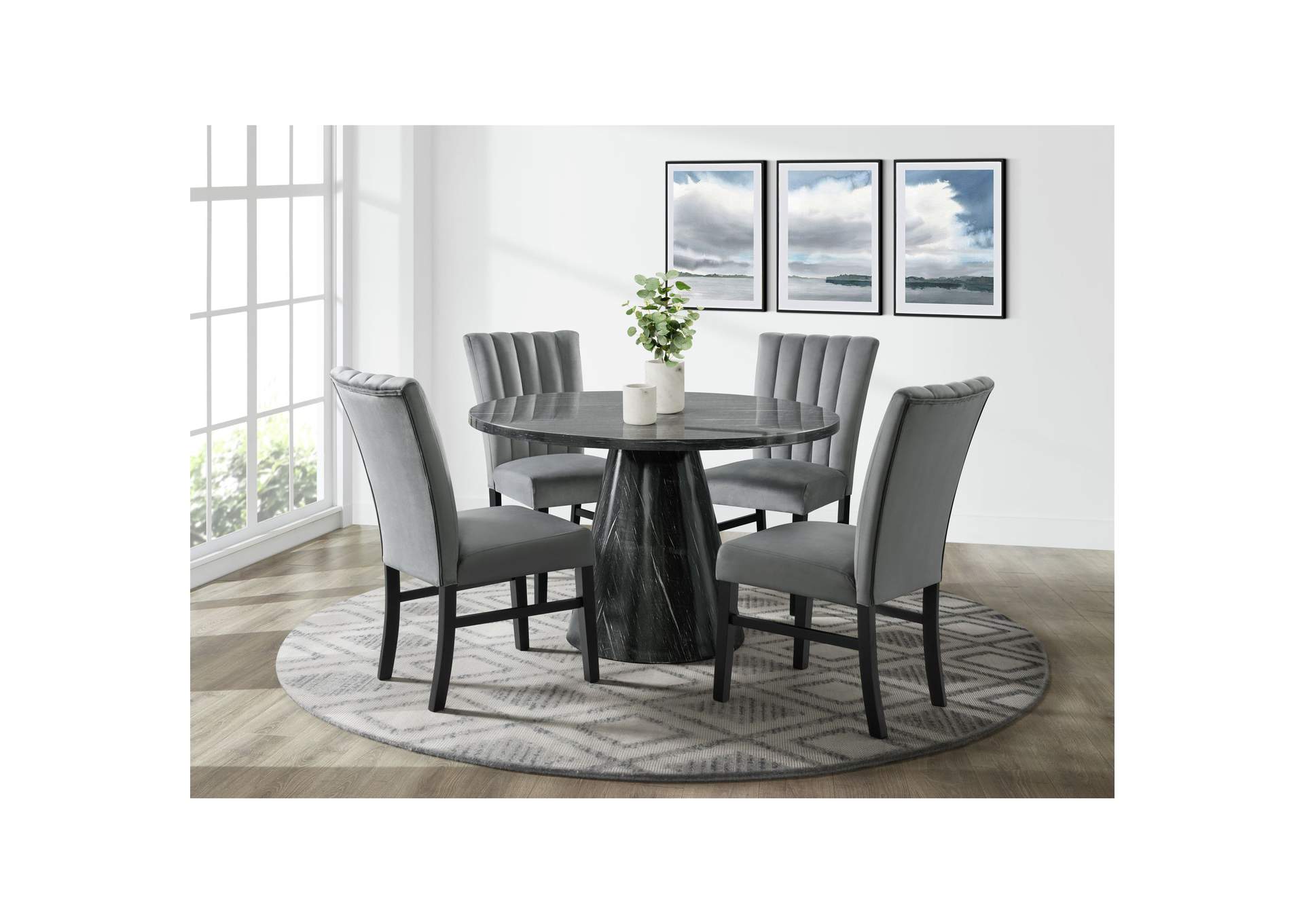 Bellini 5 Piece Dining Set In Grey - Round Table Four Grey Velvet Chairs,Elements