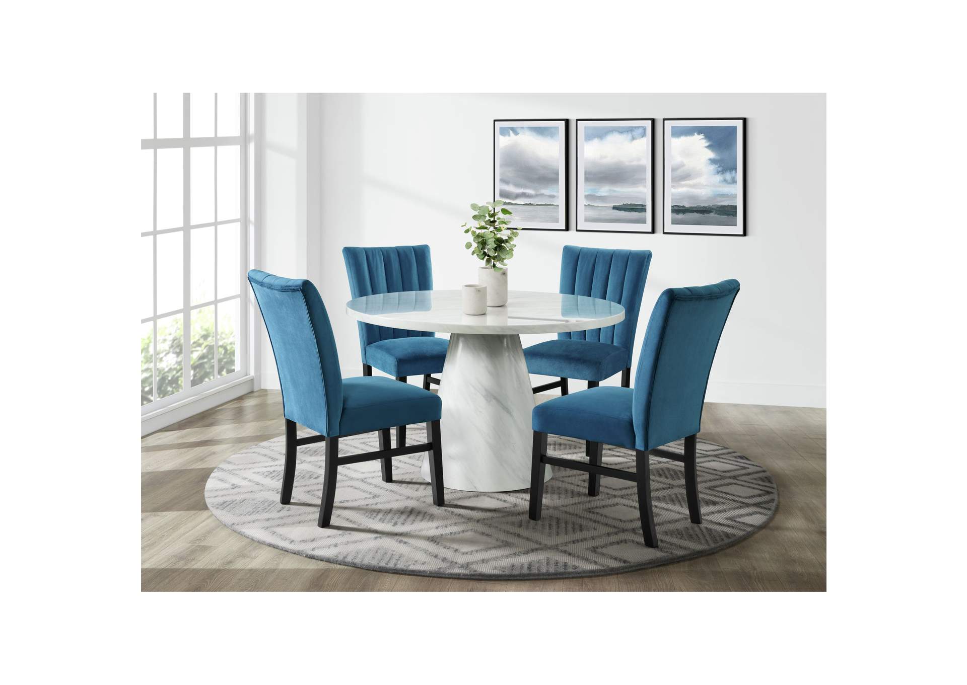 Bellini 5 Piece Dining Set In White - Round Table Four Navy Blue Velvet Chairs,Elements