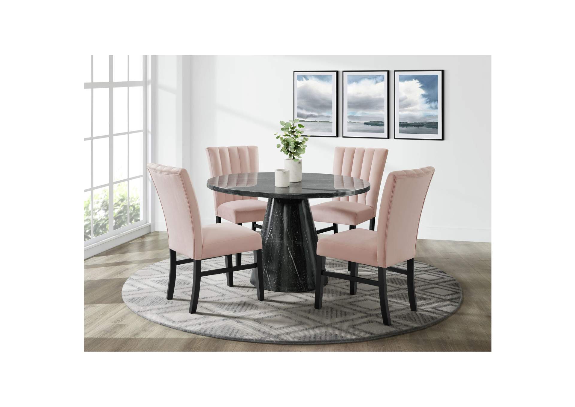 Bellini 5 Piece Dining Set In Grey - Round Table Four Pink Velvet Chairs,Elements