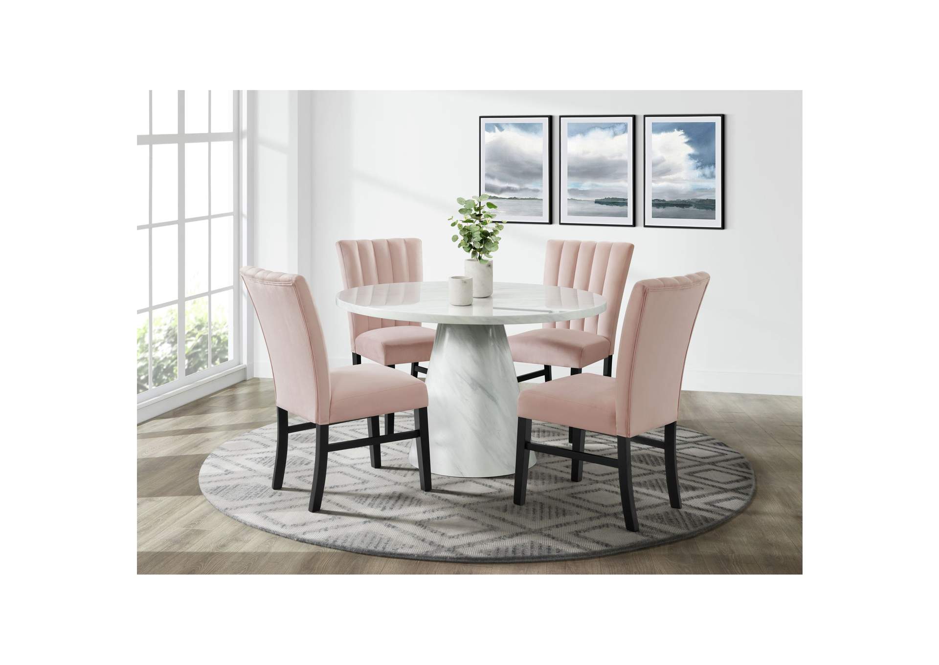 Bellini 5 Piece Dining Set In White - Round Table Four Pink Velvet Chairs,Elements