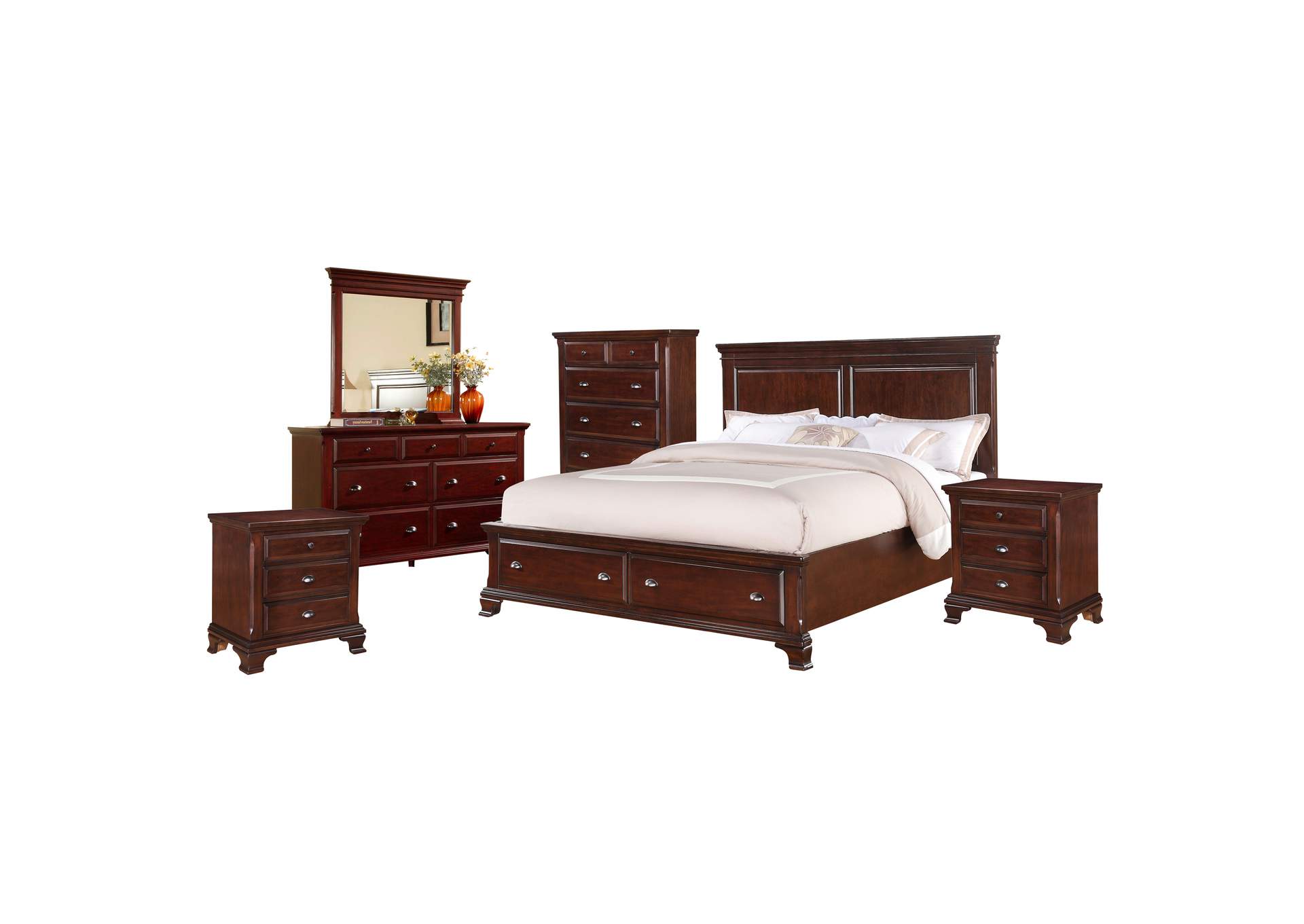 Canton Cherry King Storage 6 Piece Bedroom Set,Elements