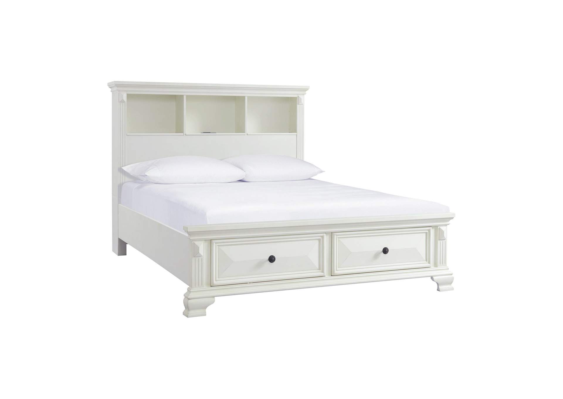 Calloway Queen Bookcase Bed With USB Antique White Color,Elements