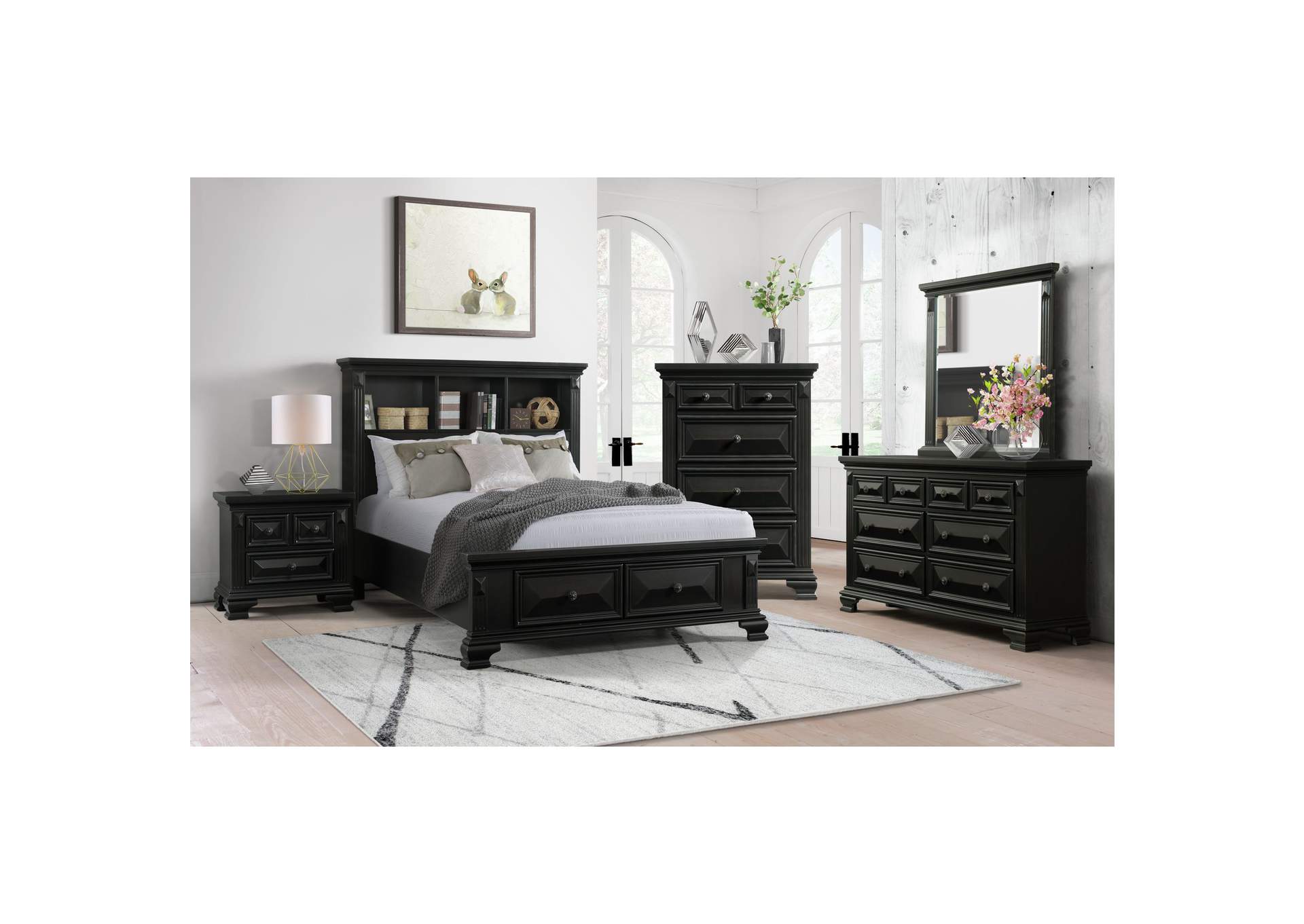 Calloway Queen Bookcase Bed With USB Black Color,Elements