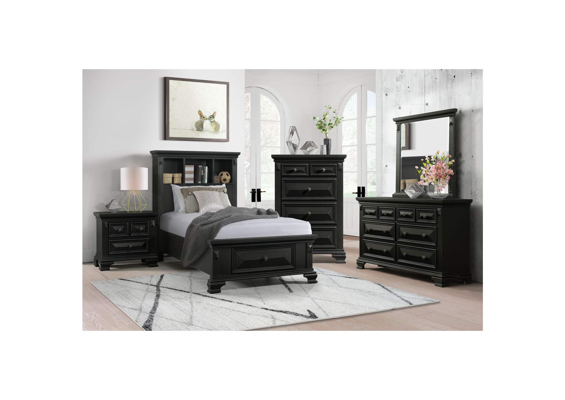 Calloway Twin Bookcase Bed With USB Black Color,Elements