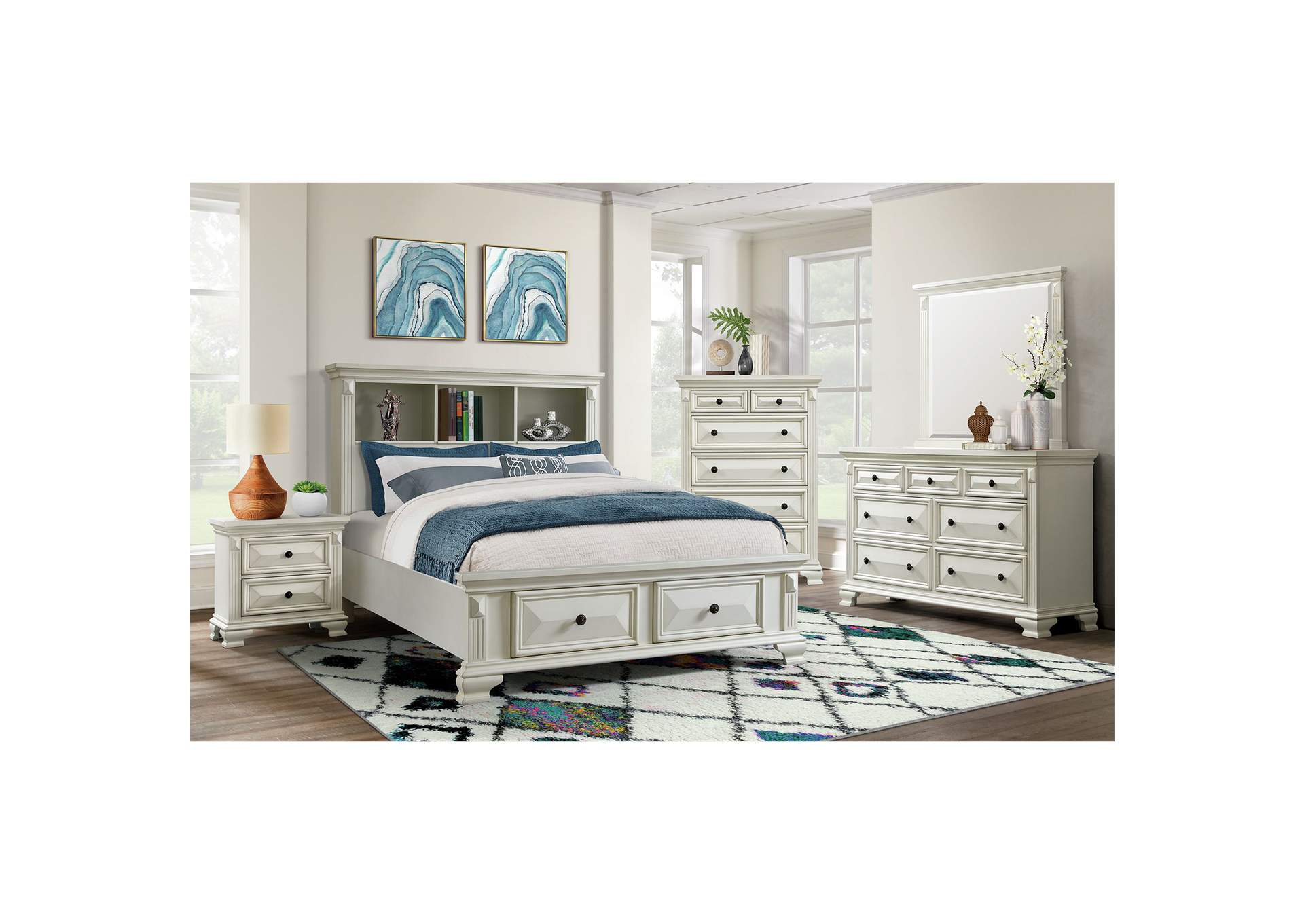 Calloway Full Bookcase Bed With USB Antique White Color,Elements