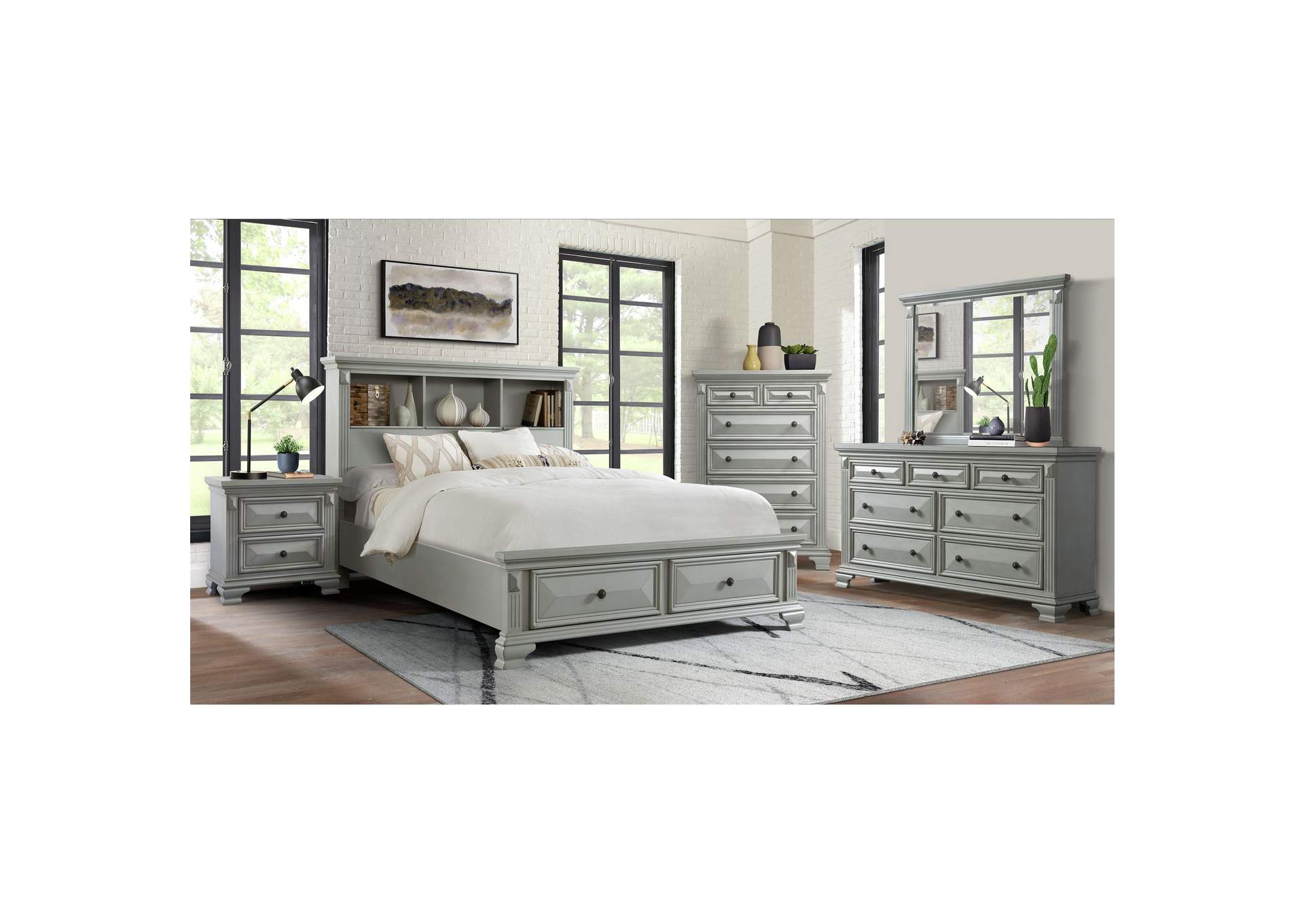 Calloway Queen Bookcase Bed With USB Grey Color,Elements