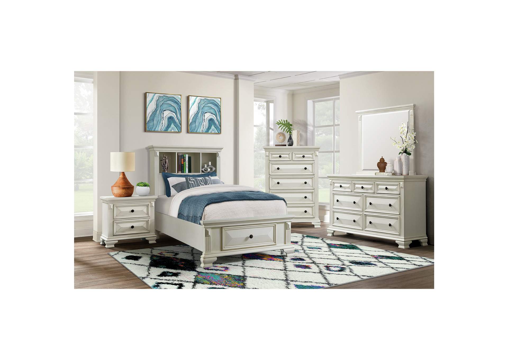Calloway Twin Bookcase Bed With USB Antique White Color,Elements
