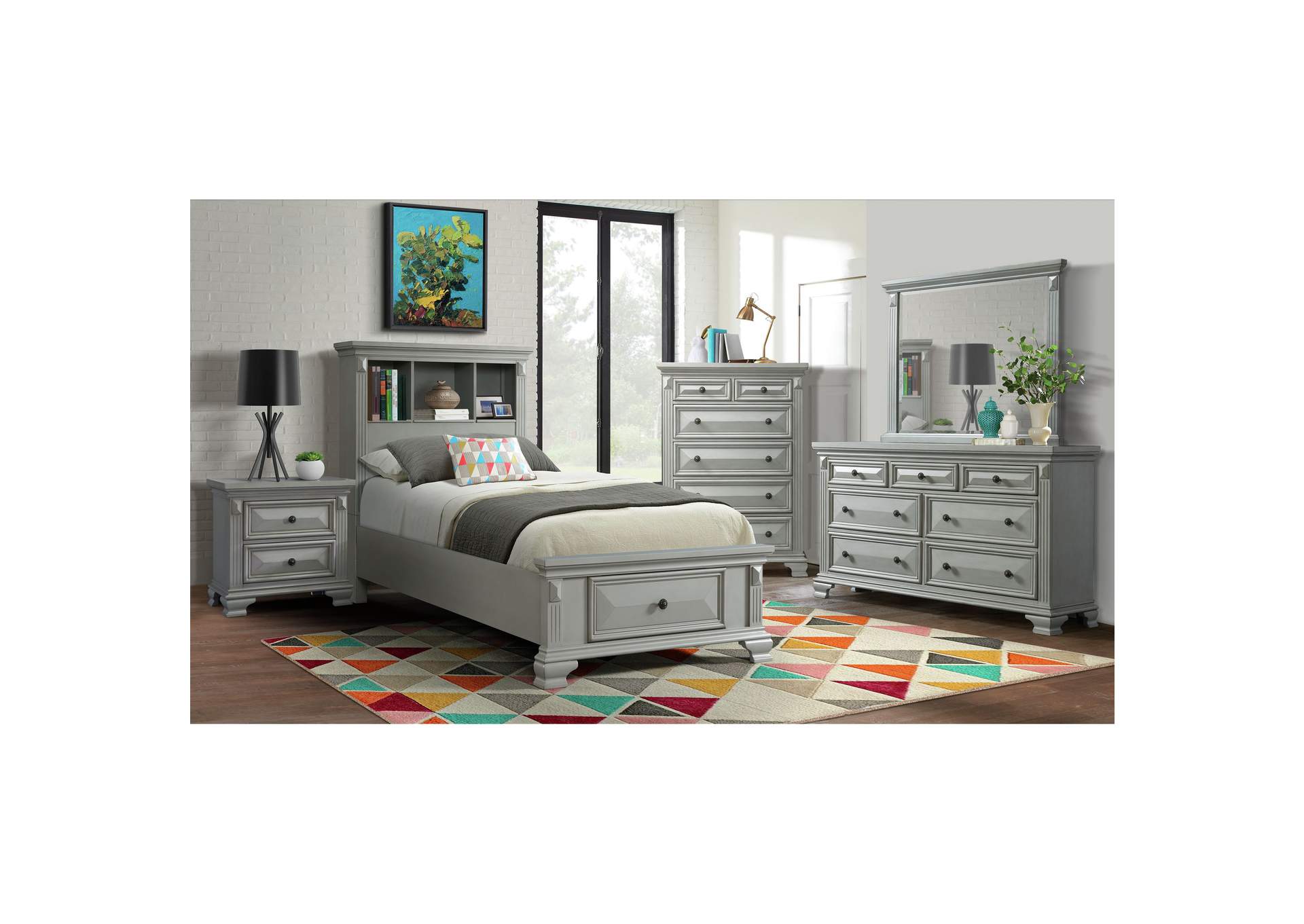 Calloway Twin Bookcase Bed With USB Grey Color,Elements