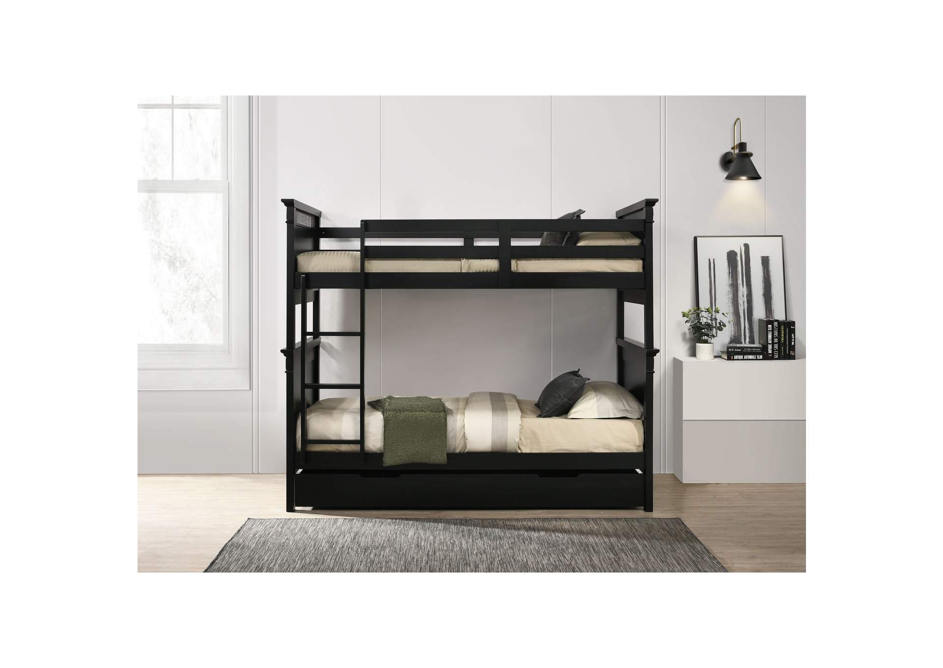 Calloway Twin Over Twin Bunk Bed With Trundle In Antique Black,Elements