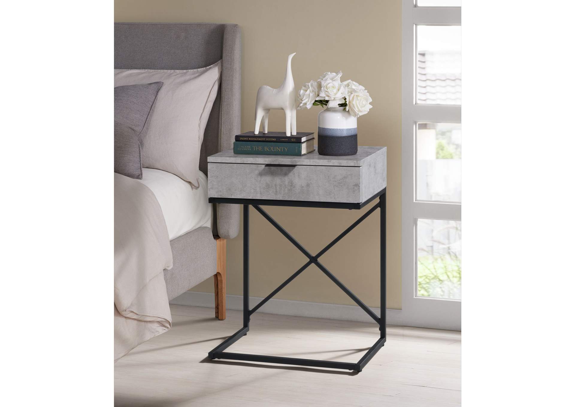 Camila Accent Nightstand With Cement Top In Black,Elements
