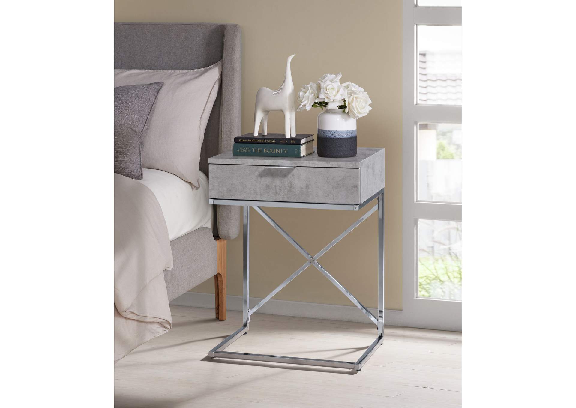 Camila Accent Nightstand With Cement Top In Chrome,Elements