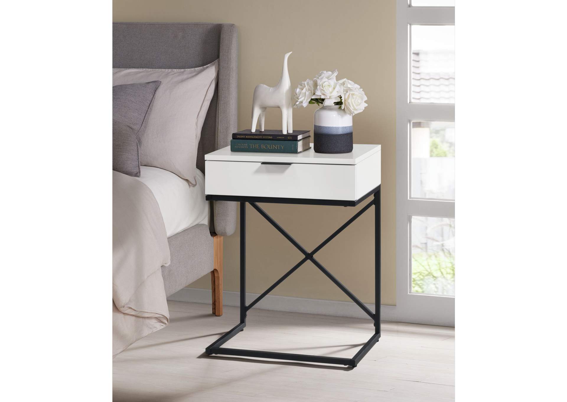 Camila Accent Nightstand With White Top In Black,Elements