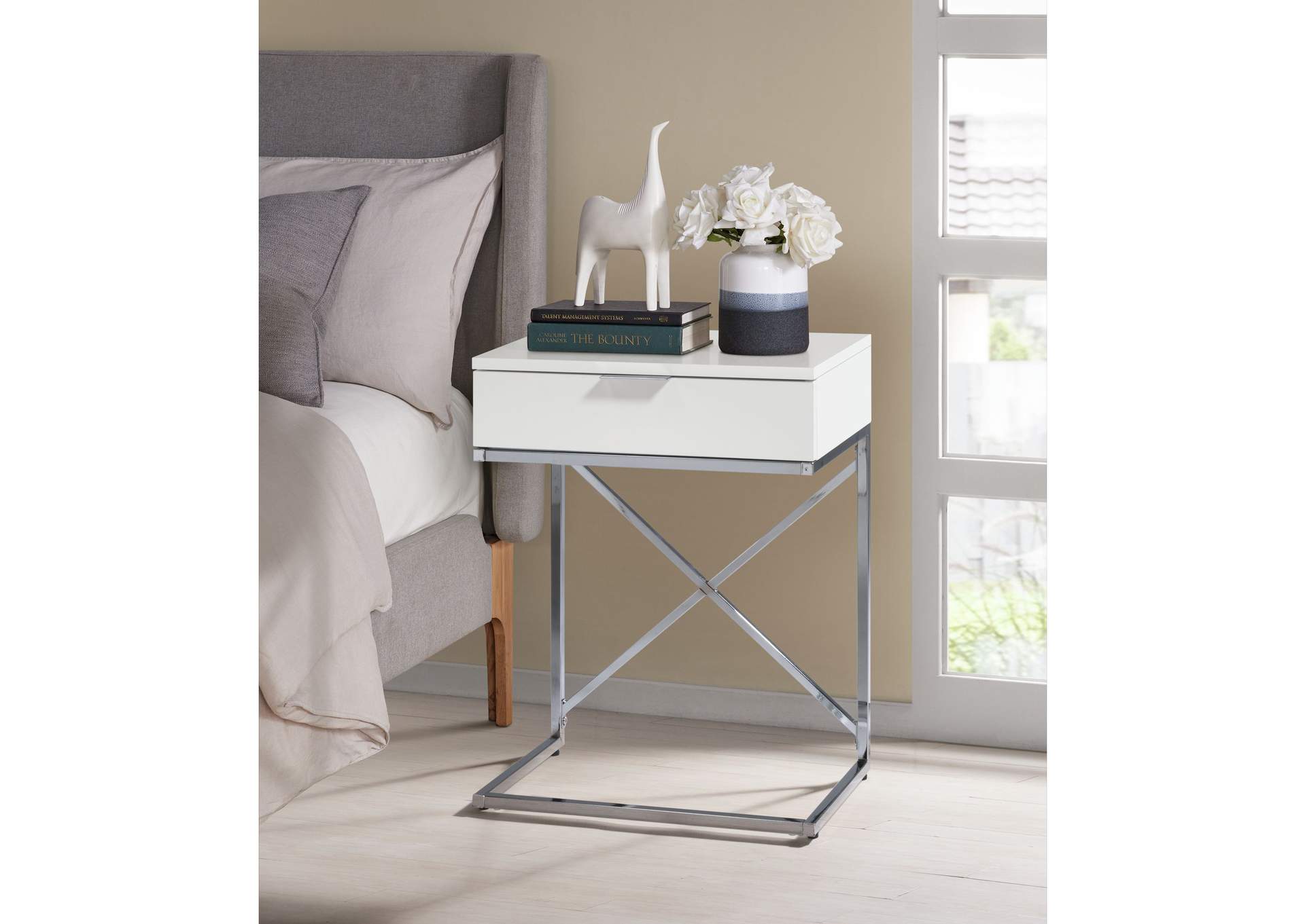 Camila Accent Nightstand With White Top In Chrome,Elements