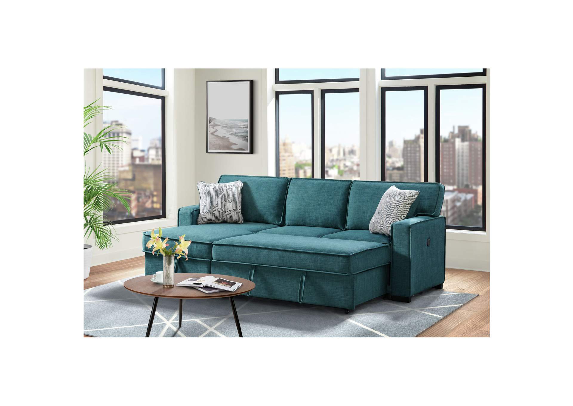 Caracas Sectional Left Hand Facing Storage Chaise With 1 USB 1 Pillow In Palmer Teal,Elements