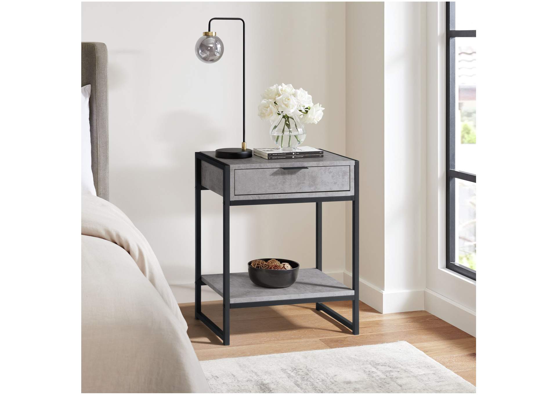 Ella Accent Nightstand With Cement Top In Black,Elements
