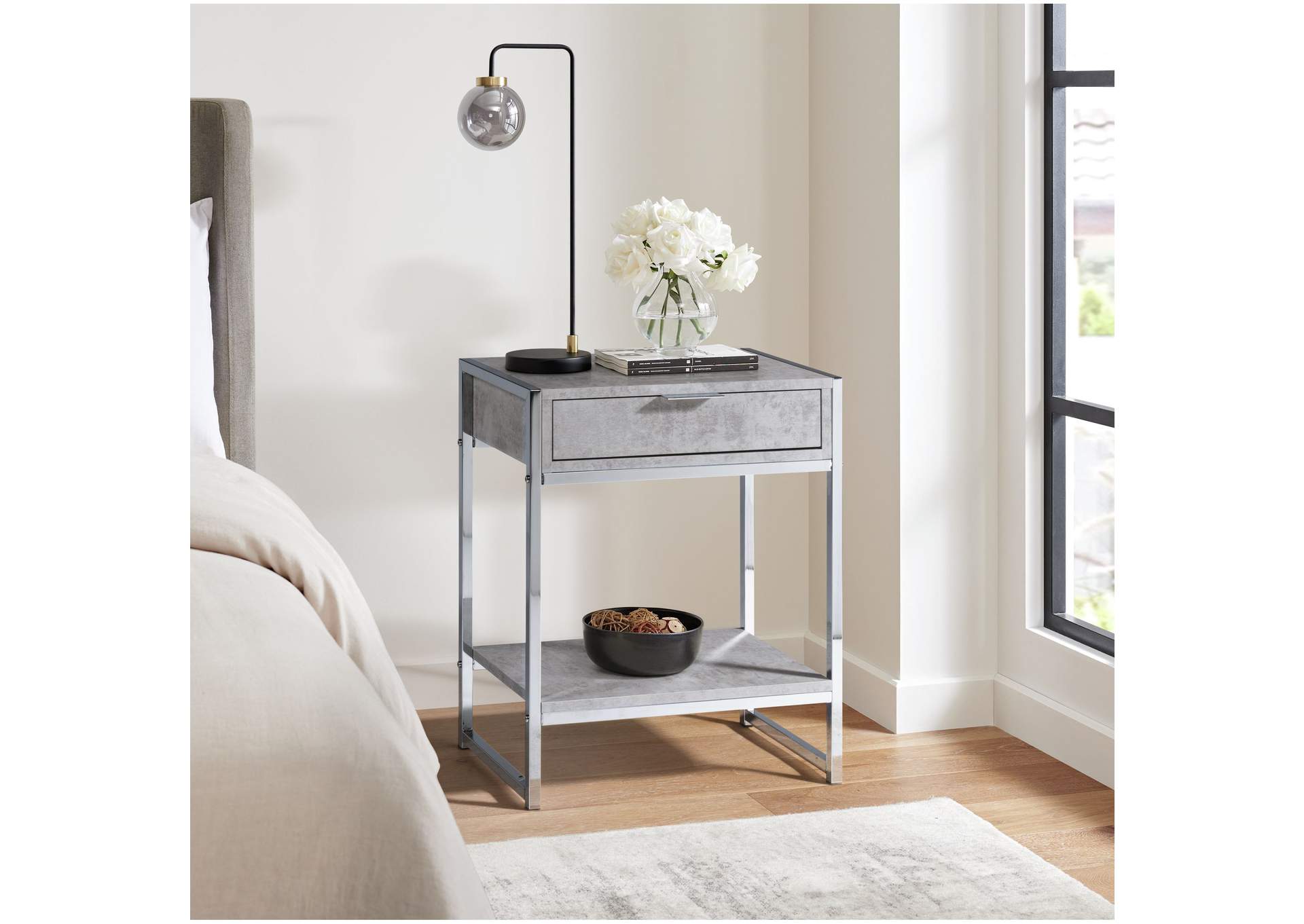 Ella Accent Nightstand With Cement Top In Chrome,Elements