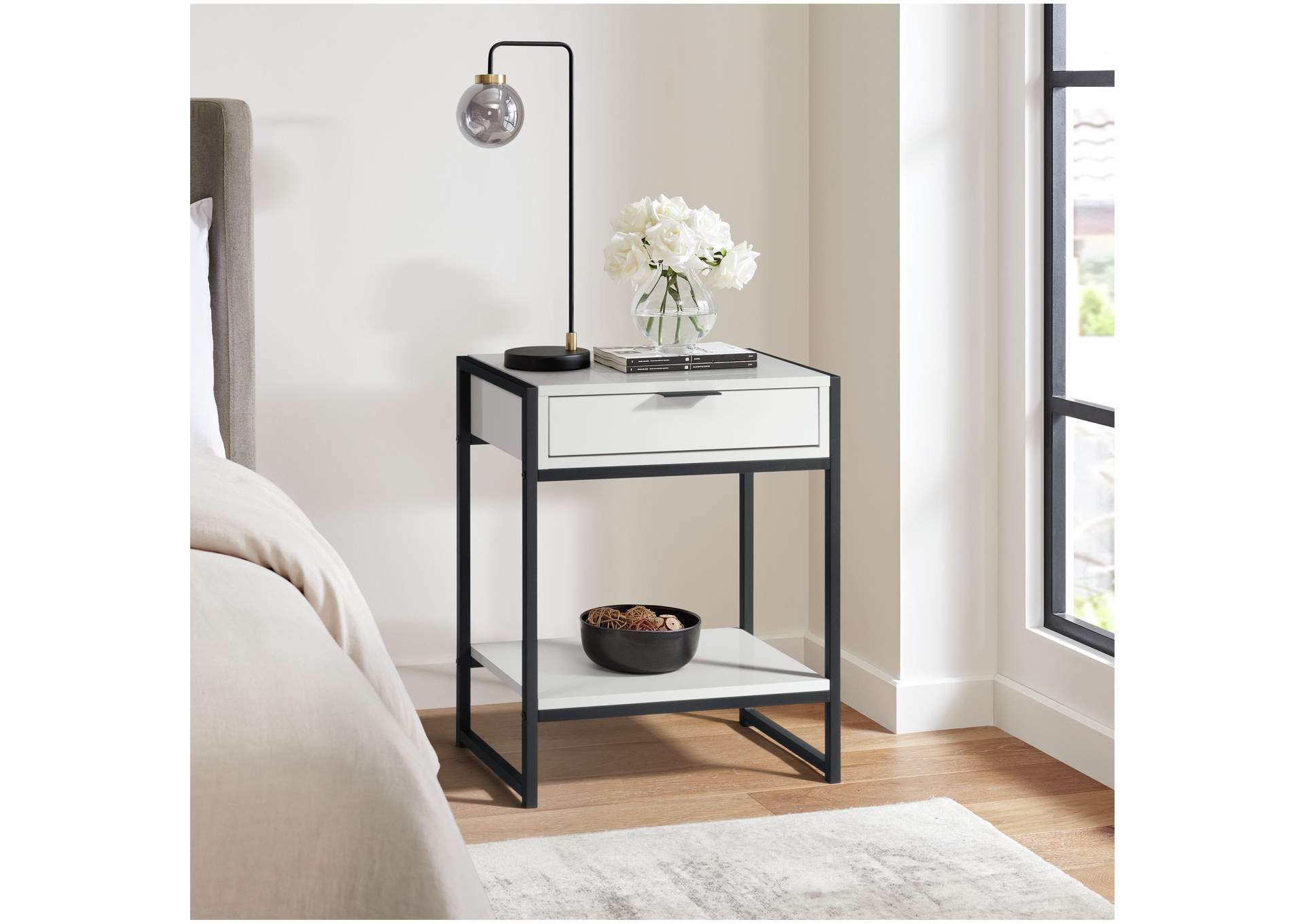 Ella Accent Nightstand With White Top In Black,Elements