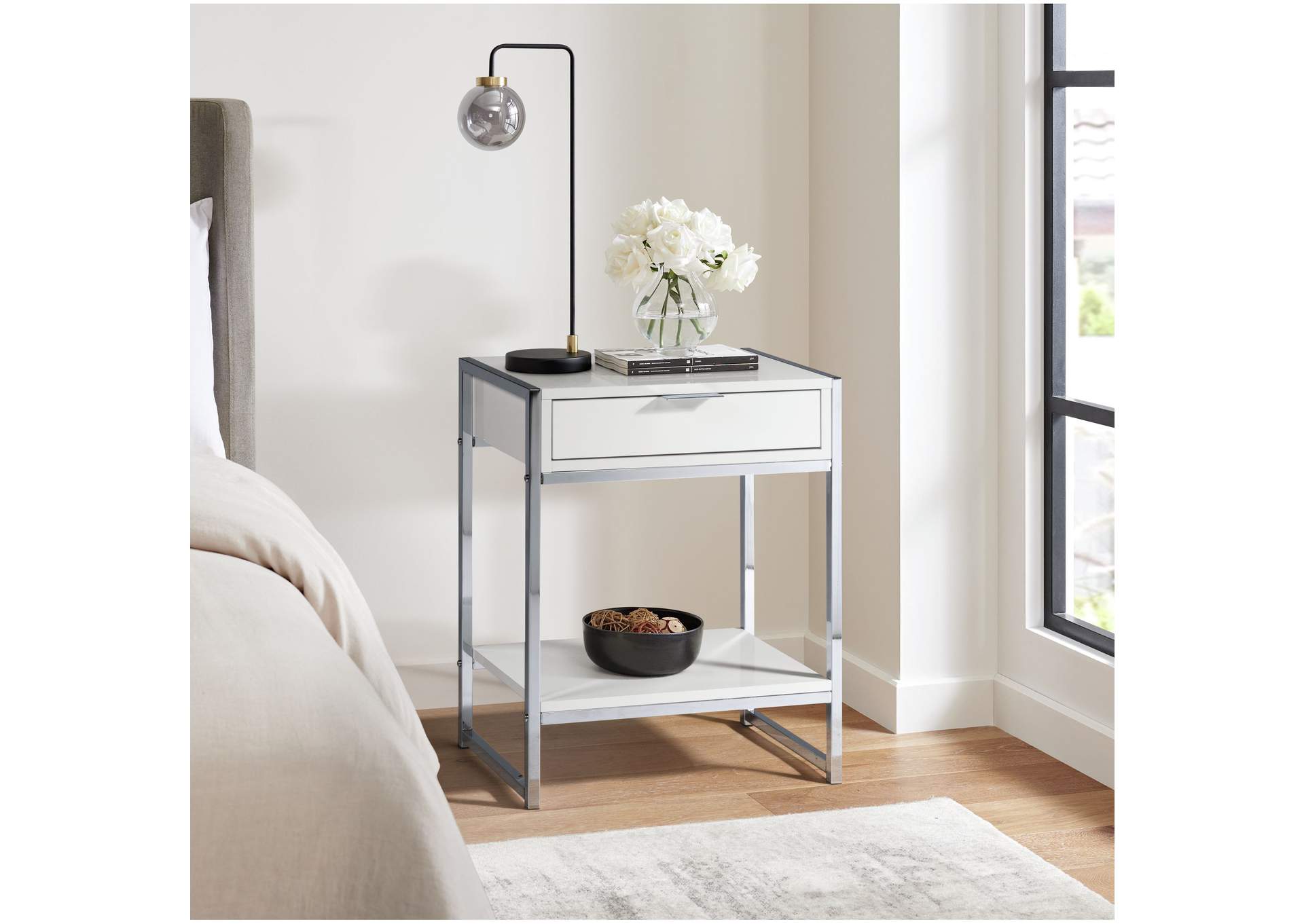 Ella Accent Nightstand With White Top In Chrome,Elements